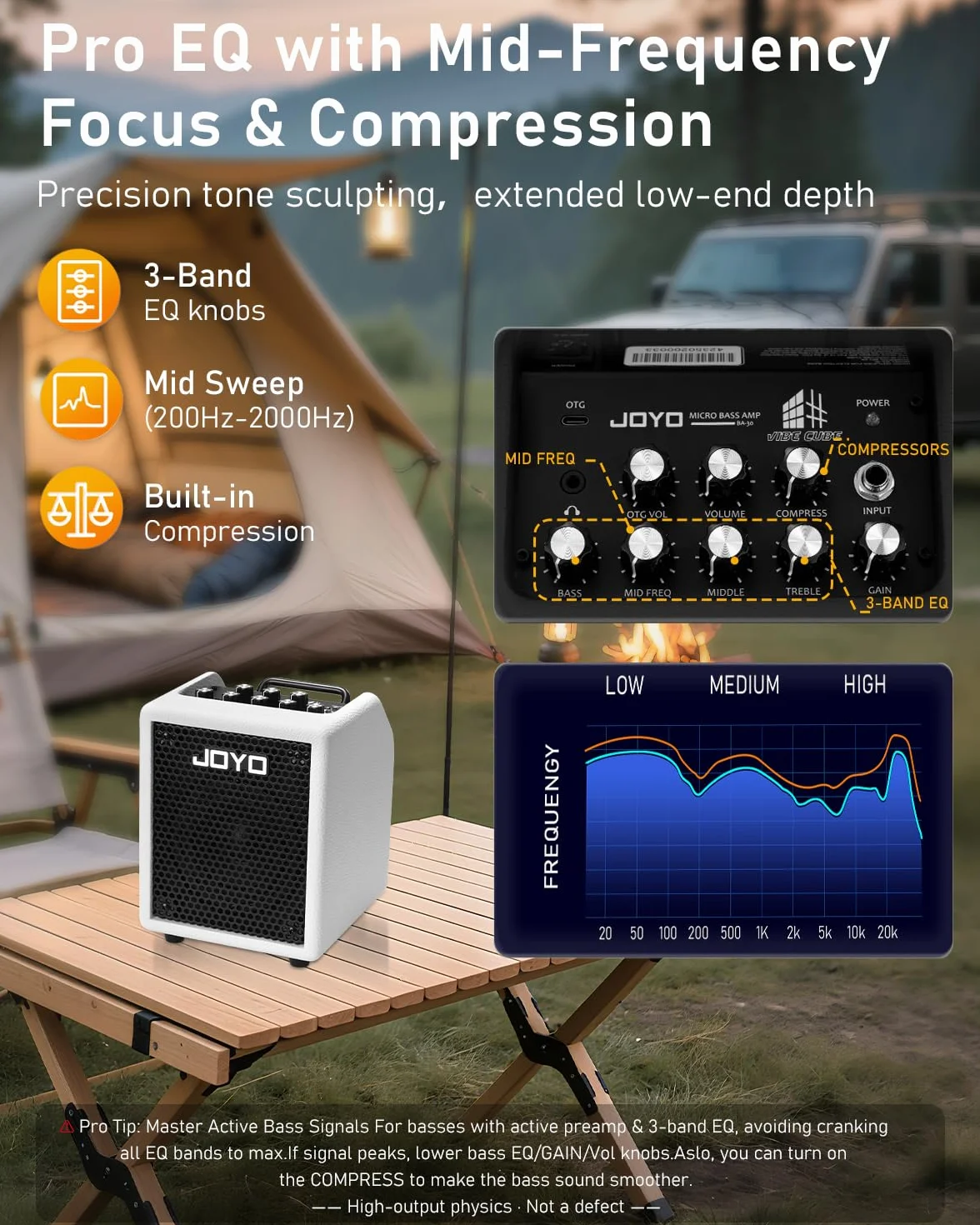 Joyo - Amplificador combinado de bajo 30 W portátil – altavoz de 4 pulgadas, EQ 3 bandas y compresor | Bluetooth 5.1 + grabación OTG, salida de auriculares para práctica solo (Vibe Cube BA-30, blanco)