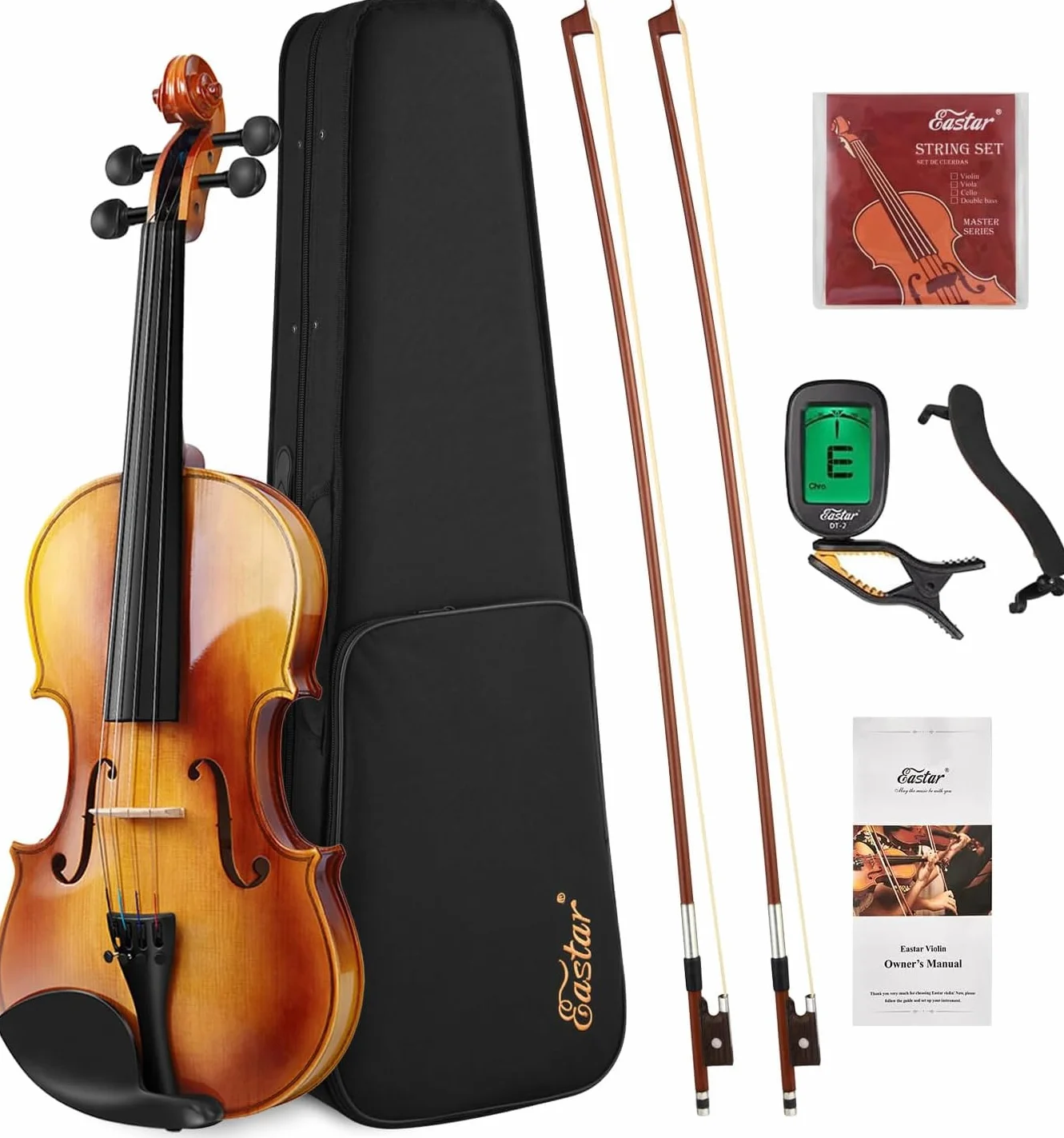 Juego de violín Eastar 4/4 de madera maciza con estuche rígido, hombrera, dos arcos y cuerdas adicionales (EVA-330)