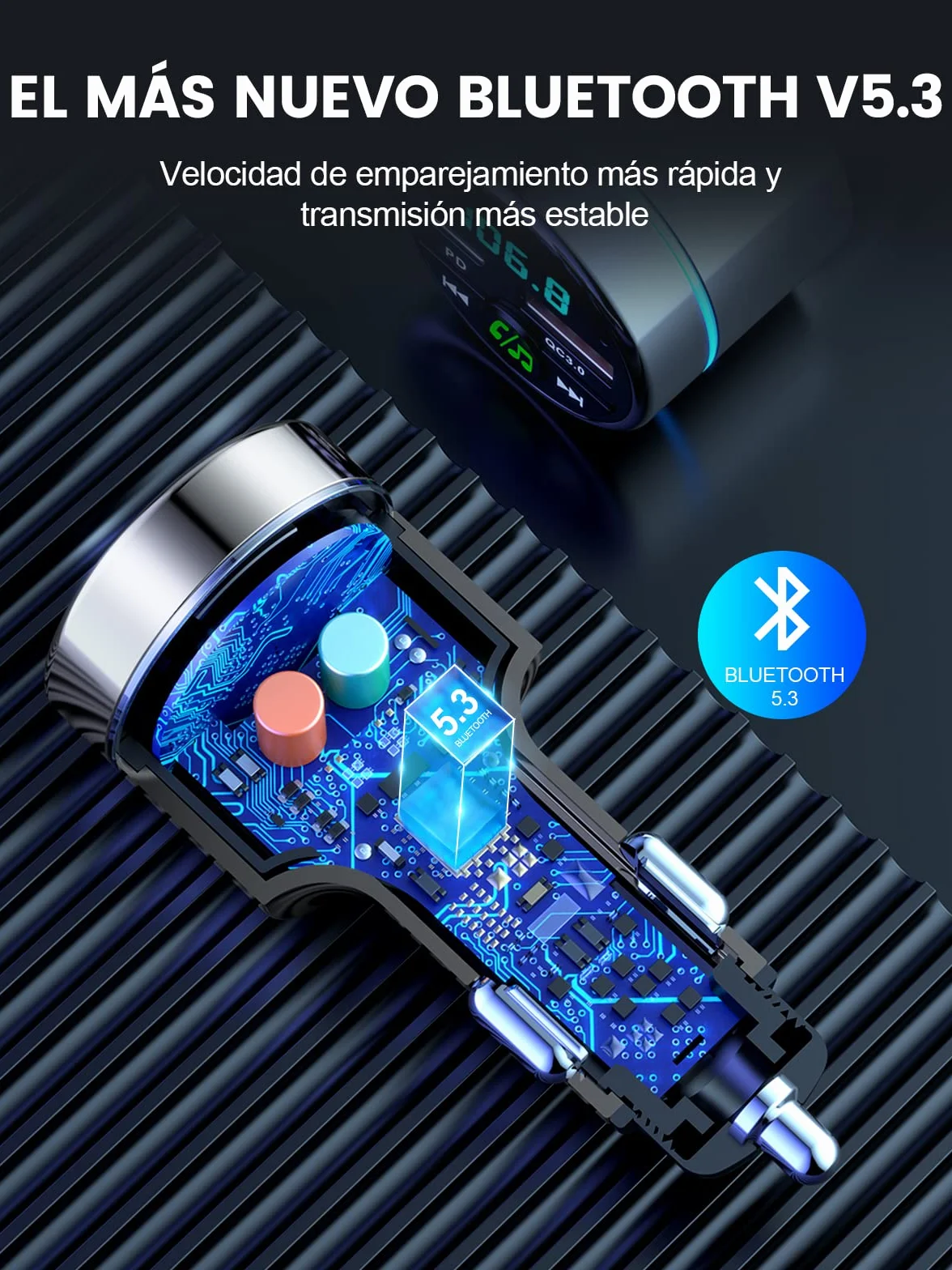 Mohard Transmisor FM Bluetooth Coche 5.3, Metal PD 30W & QC3.0 18W Cargador Coche Rápido, Manos Libres Receptor Música Bluetooth con Cancelación Ruido, con Anillo Luz & Música Alta Fidelida Car