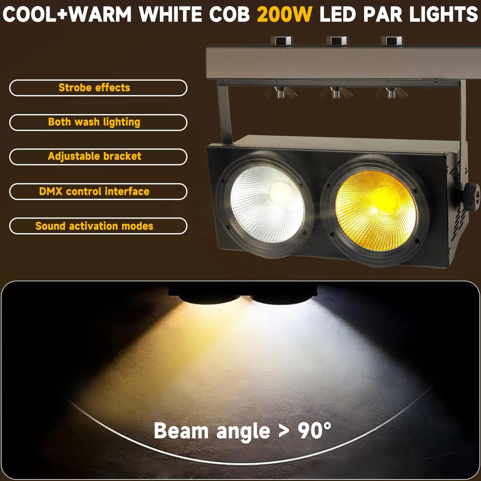 Luces PAR LED Cegadora de 200 W para escenario, 2 luces LED blanco frío y cálido, control DMX, estroboscópico COB con activación por sonido para teatros, iglesias y eventos de DJ.