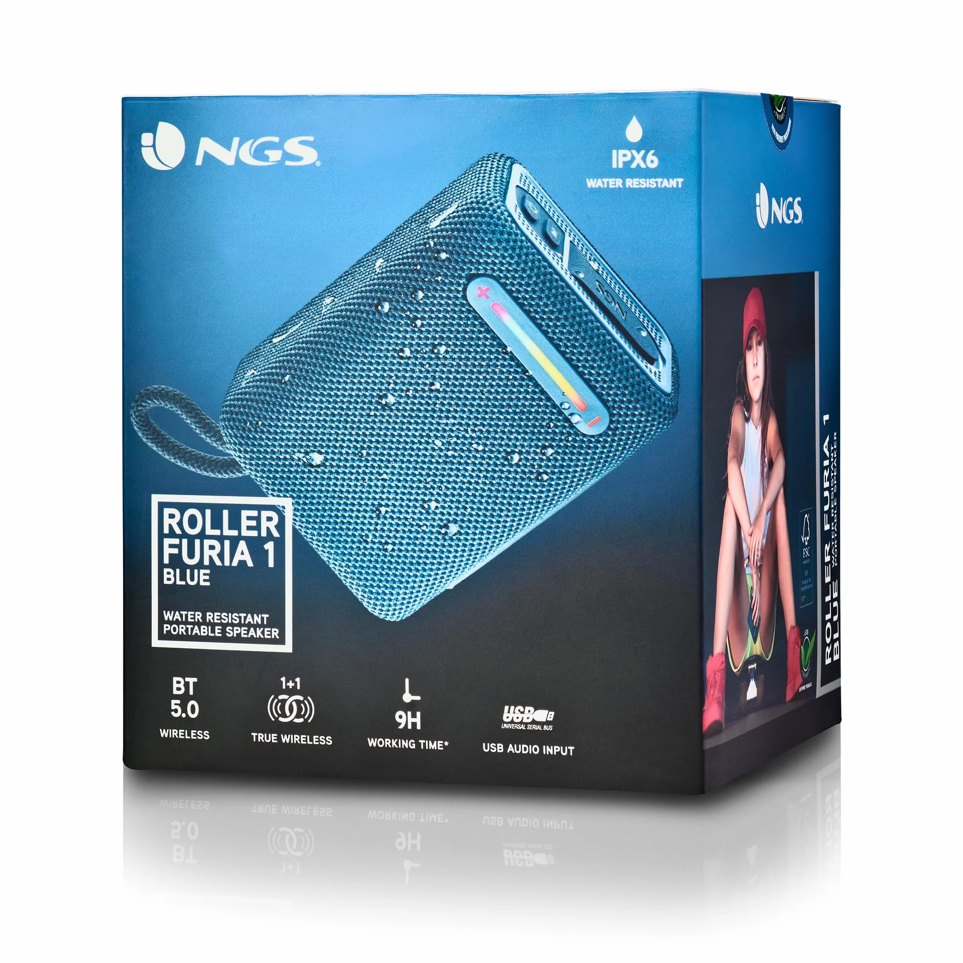 NGS Roller Furia 1 Blue - Altavoz Portátil Compatible con Tecnología Bluetooth, Luces RGB, Impermeabilidad IPX6, 15 W, True Wireless, USB, Duración Batería 9 Horas, Azul