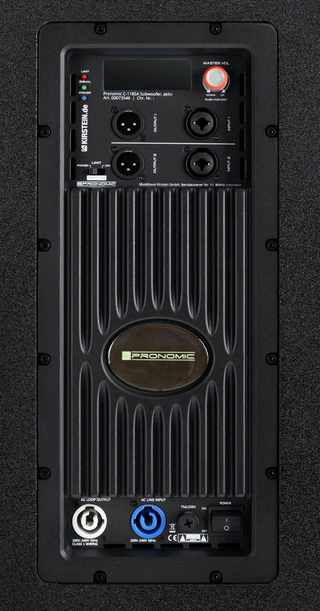 Pronomic C-118SA Subwoofer Activo - 1600 vatios Pico / 800 vatios RMS - Altavoz de 18" con Bobina móvil de 3" - Rango de frecuencia: 30-200 Hz - 4 preajustes DSP - SPL máx.: 126 dB