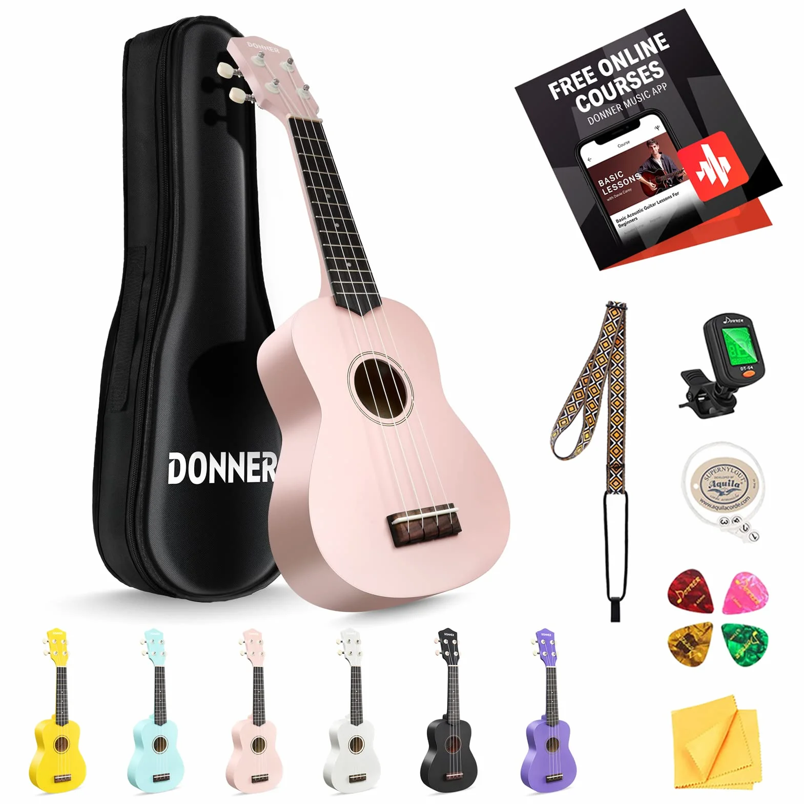Donner Ukelele Soprano para Principiantes y Adultos, Ukulele Kit 21 Pulgadas Niños con Bolso, Correa, Afinador, Paño de Pulido con Online Inglés Lección (Rosa)
