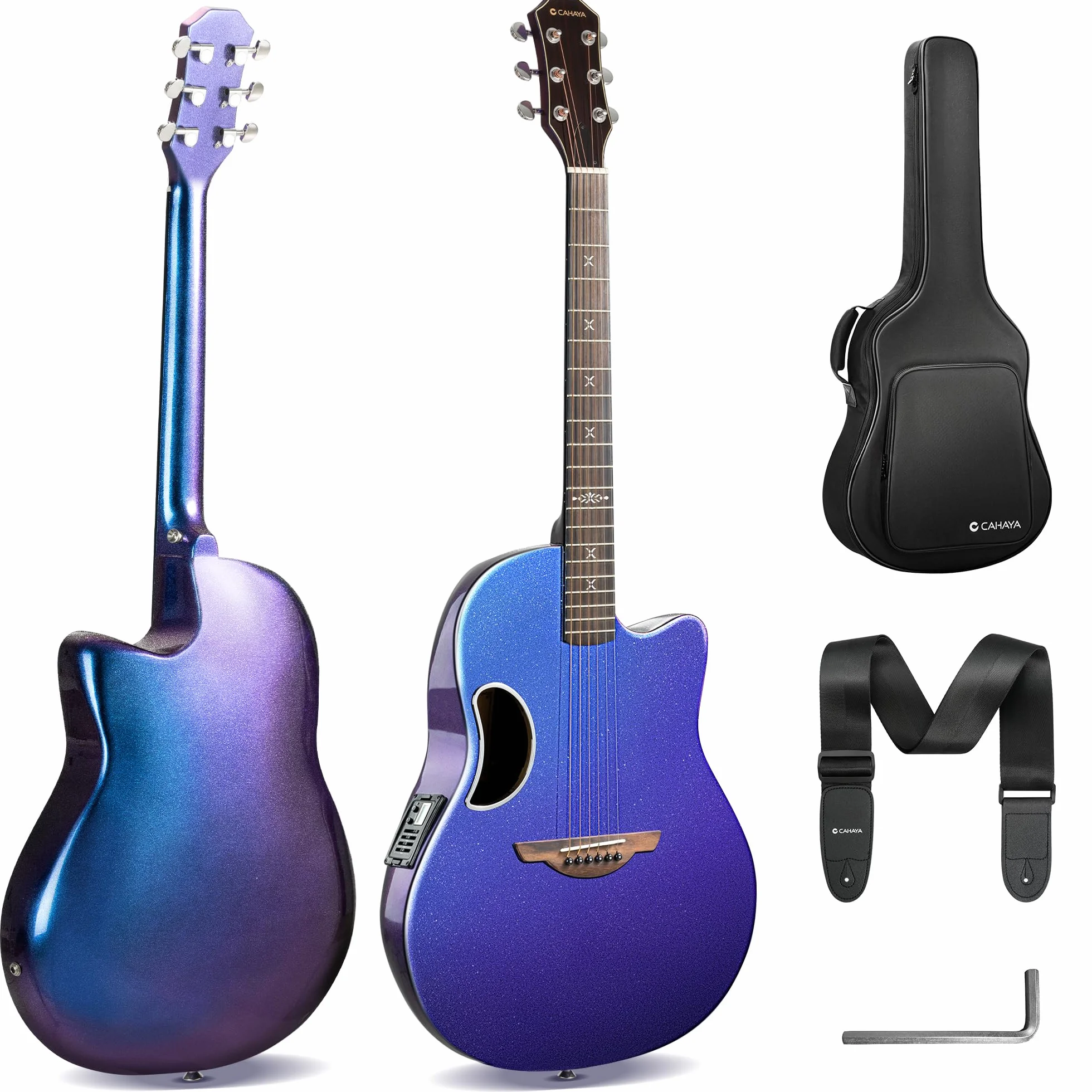 CAHAYA Kits de Guitarras Electroacustica – Guitarra de Color Azul Degradado con Material de Fibrade Carbono Equipada con Un Pastilla Incorporado con Funda de Actuación y Correa de Guitarra Ideal para