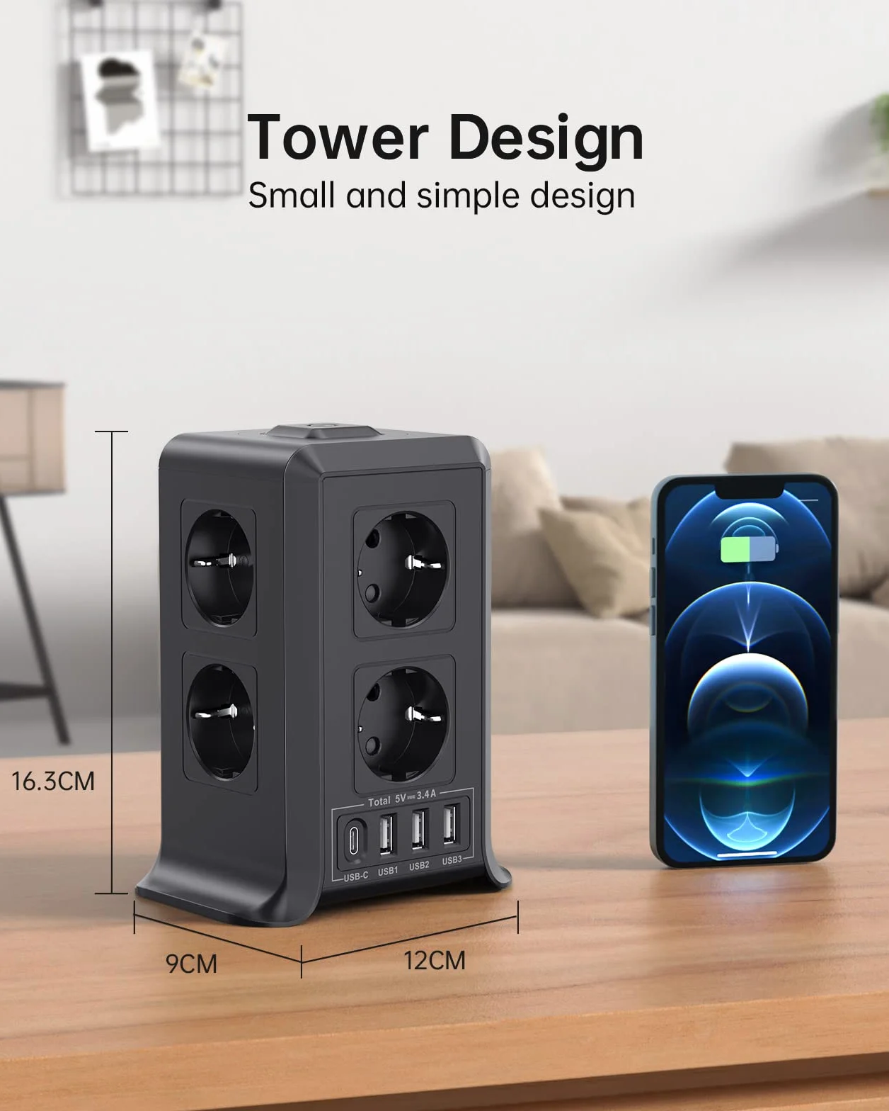 Torre Regletas Enchufes USB 8 Tomas AC 4 USB 2500W/10A Proteccion Sobretension 2M Vertical Interruptor Negro