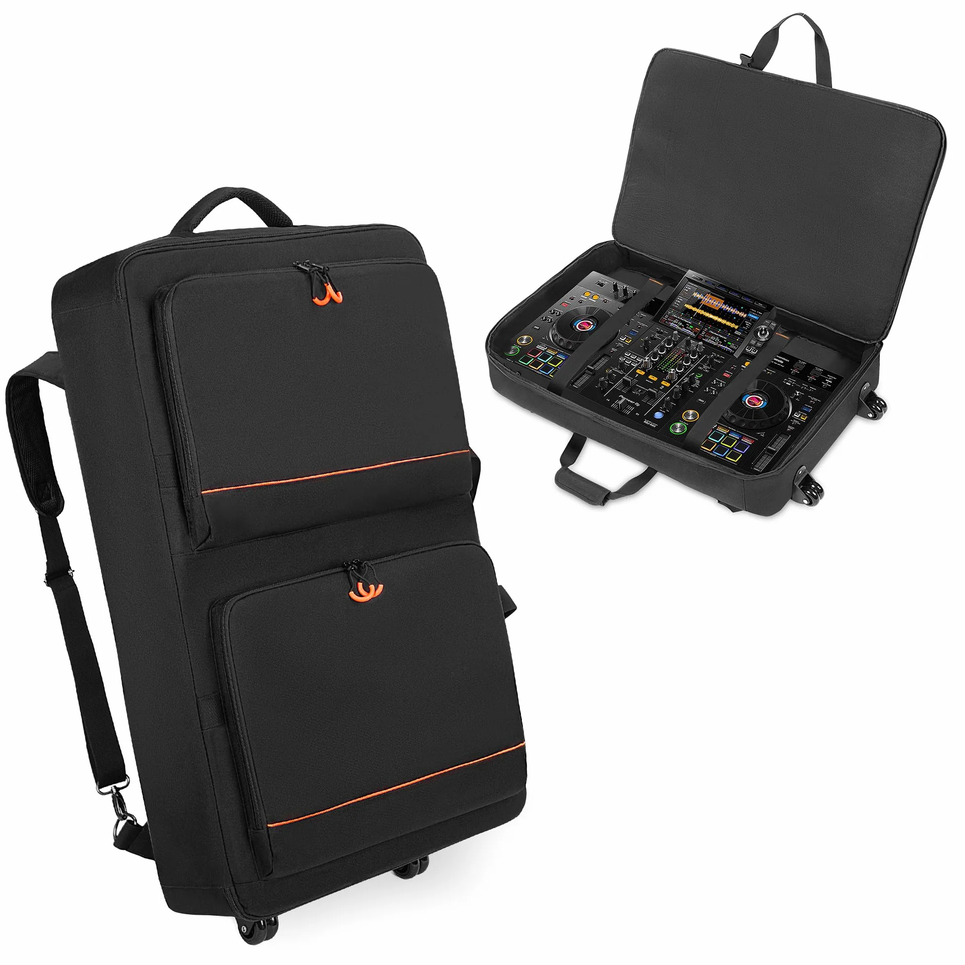 Rexmica Bolsa de Transporte para Controlador DJ con Ruedas, Compatible con Pioneer XDJ RX2/ XDJ RX3/ XDJ-RX/DDJ-FLX10/ DDJ REV7/ DDJ 1000SRT, Mochila Acolchada con 2 Bolsillos para DJ Accesorios