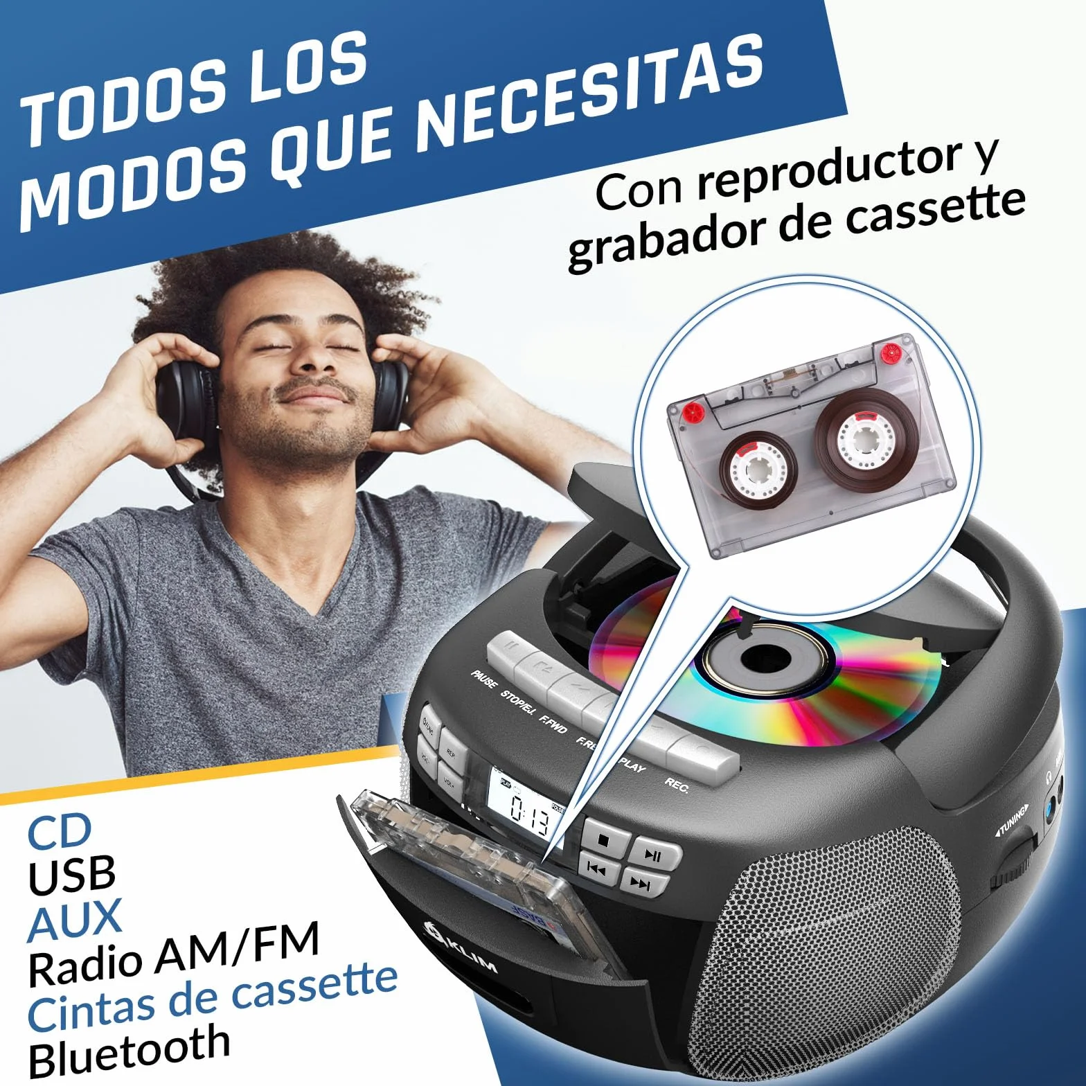 KLIM Reproductor CD Cassette Radio AM/FM Bluetooth Control Remoto Plata