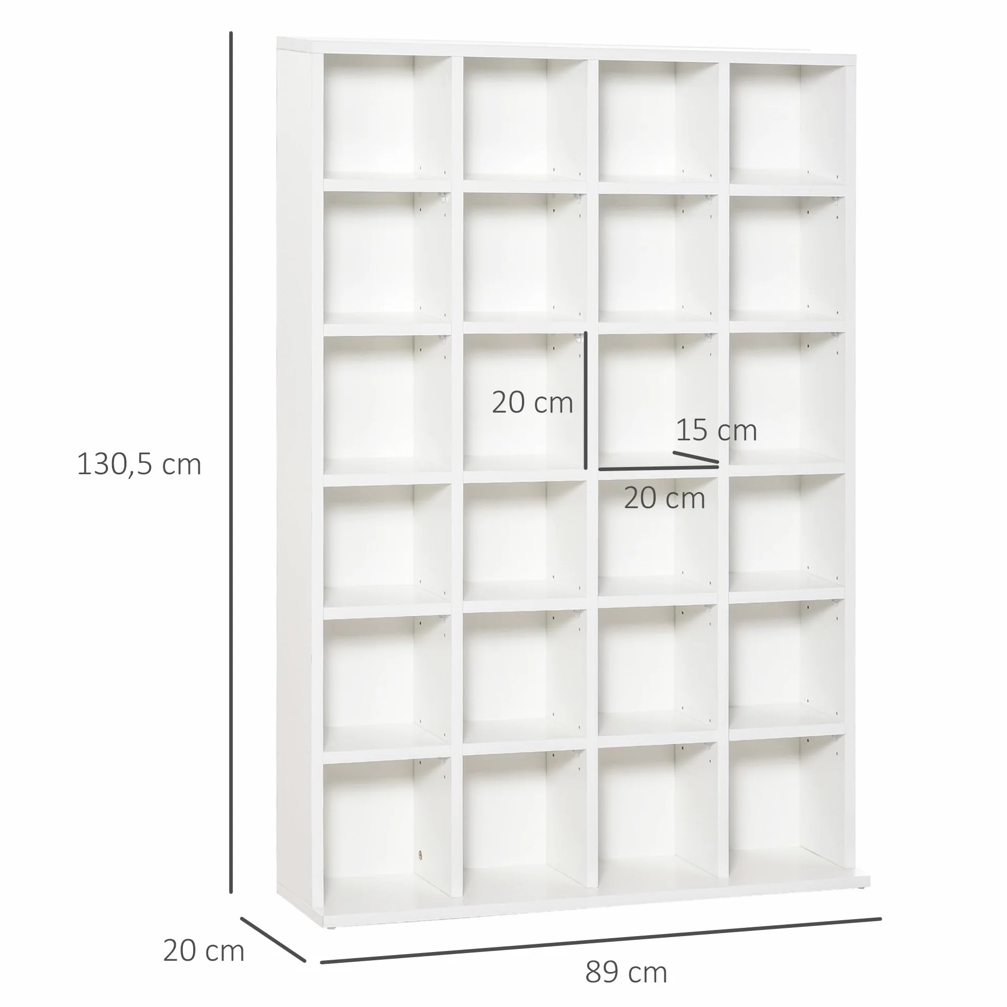 HOMCOM - Almacenamiento para CD y DVD, mueble de almacenamiento multimedia con 24 compartimentos, capacidad máx. 456 CD/ 336 DVD, estantería de madera con estantes ajustables, 89 x 20 x 130,5 cm