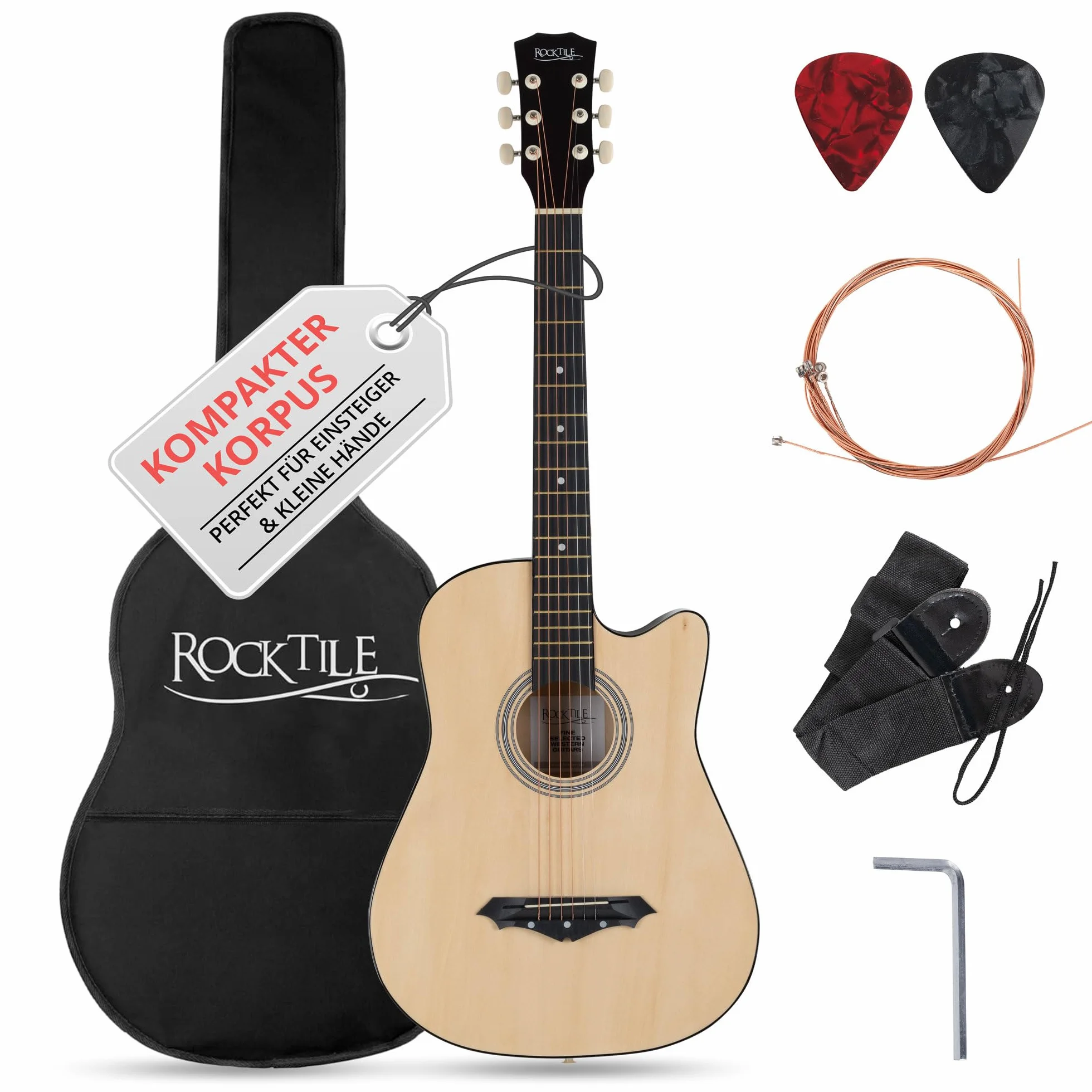 Rocktile WSD-5C-NT Slim Line Set De Guitarras Western - Guitarra Acústica Dreadnought - Cuerpo De Tilo - Mástil: Catalpa - Set Incluye Funda, Cuerdas De Repuesto, Correa Y Púas - Natural