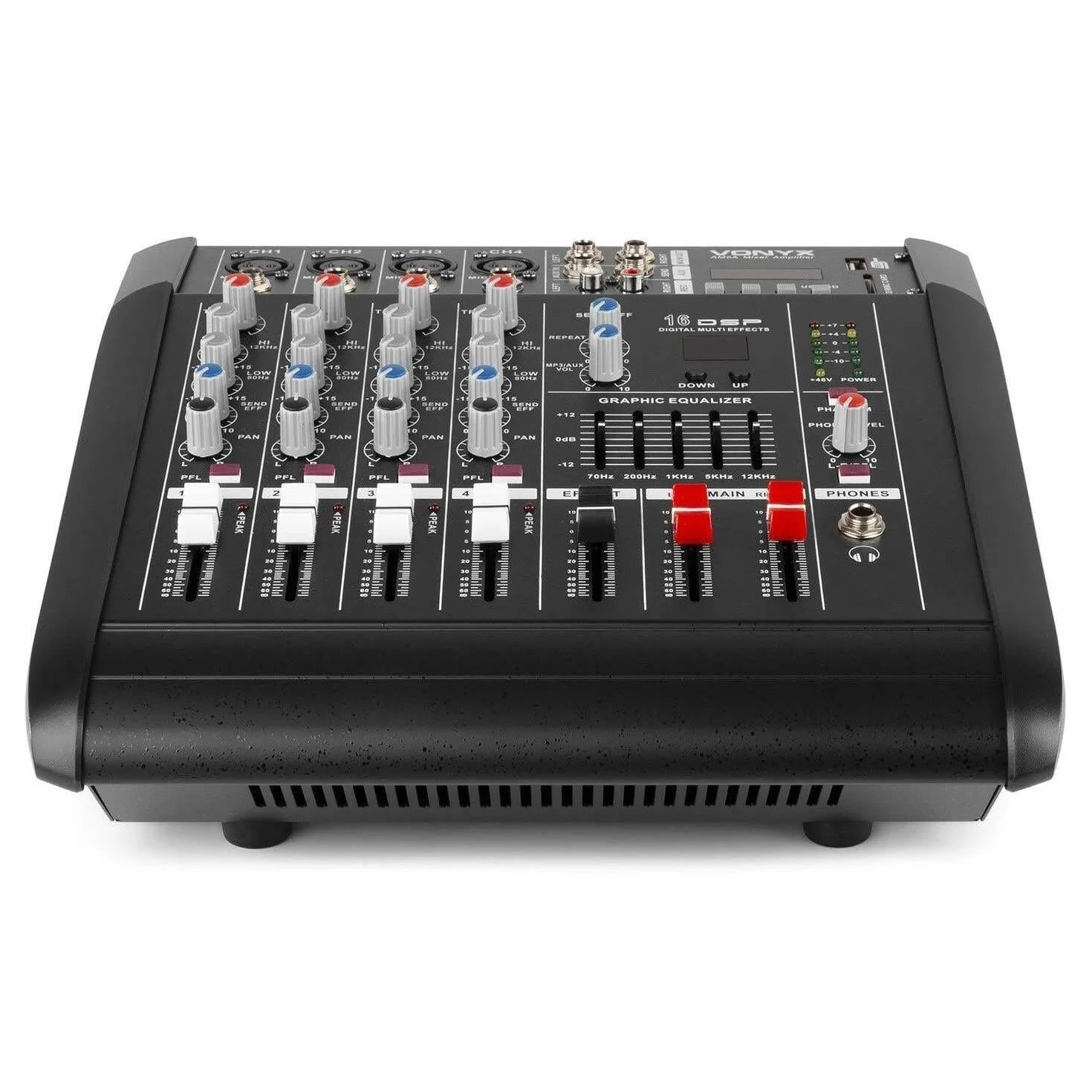 VONYX AM5A Mezclador de 5 canales con amplificador incorporado,DSPde efectos, Bluetooth para transmitir audio inalámbricamente, puerto SD y USB para MP3, amplificador interno de 500W x 2 a 8 ohmios