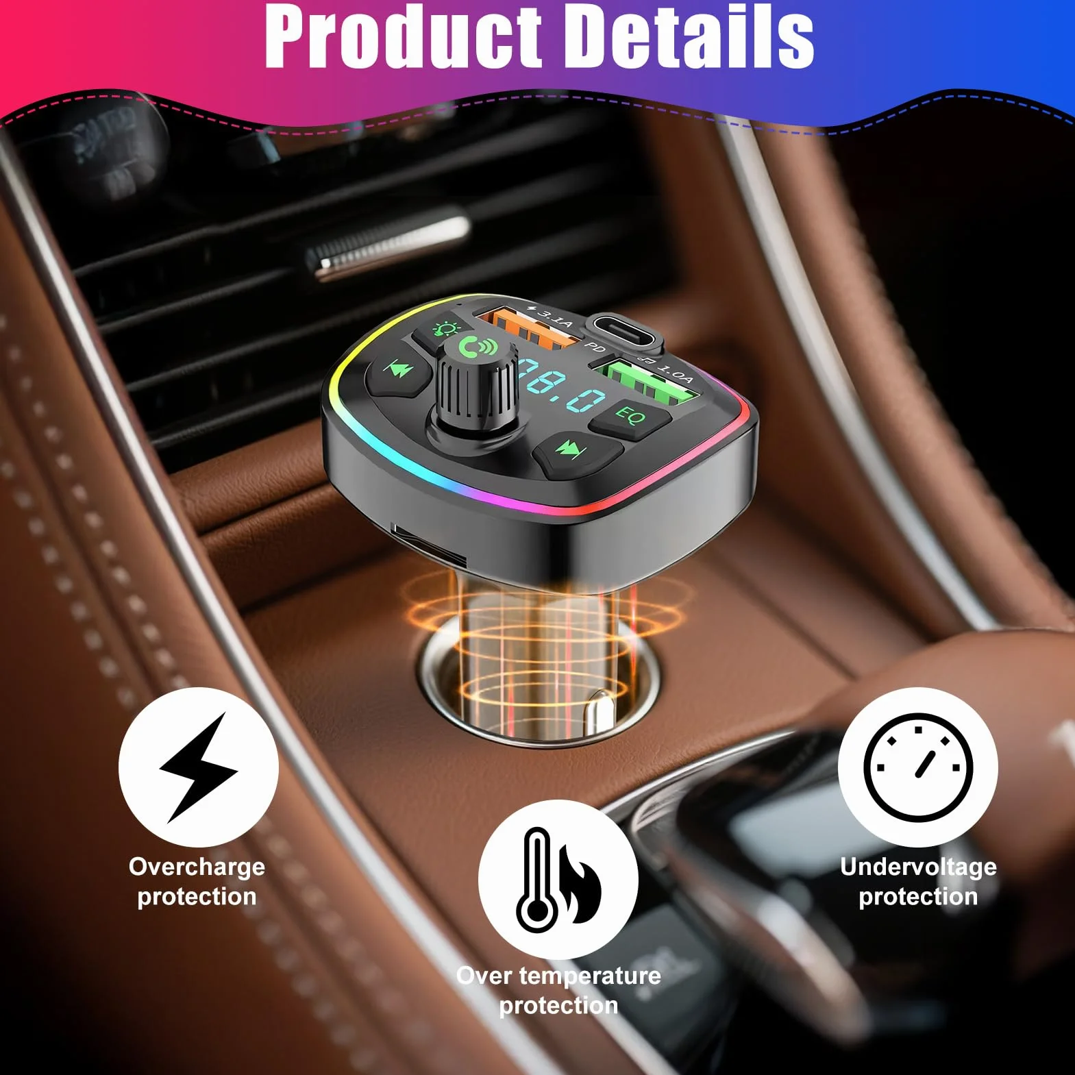 Transmisor FM Bluetooth Coche Adaptador Manos Libres 3.1A 18W PD