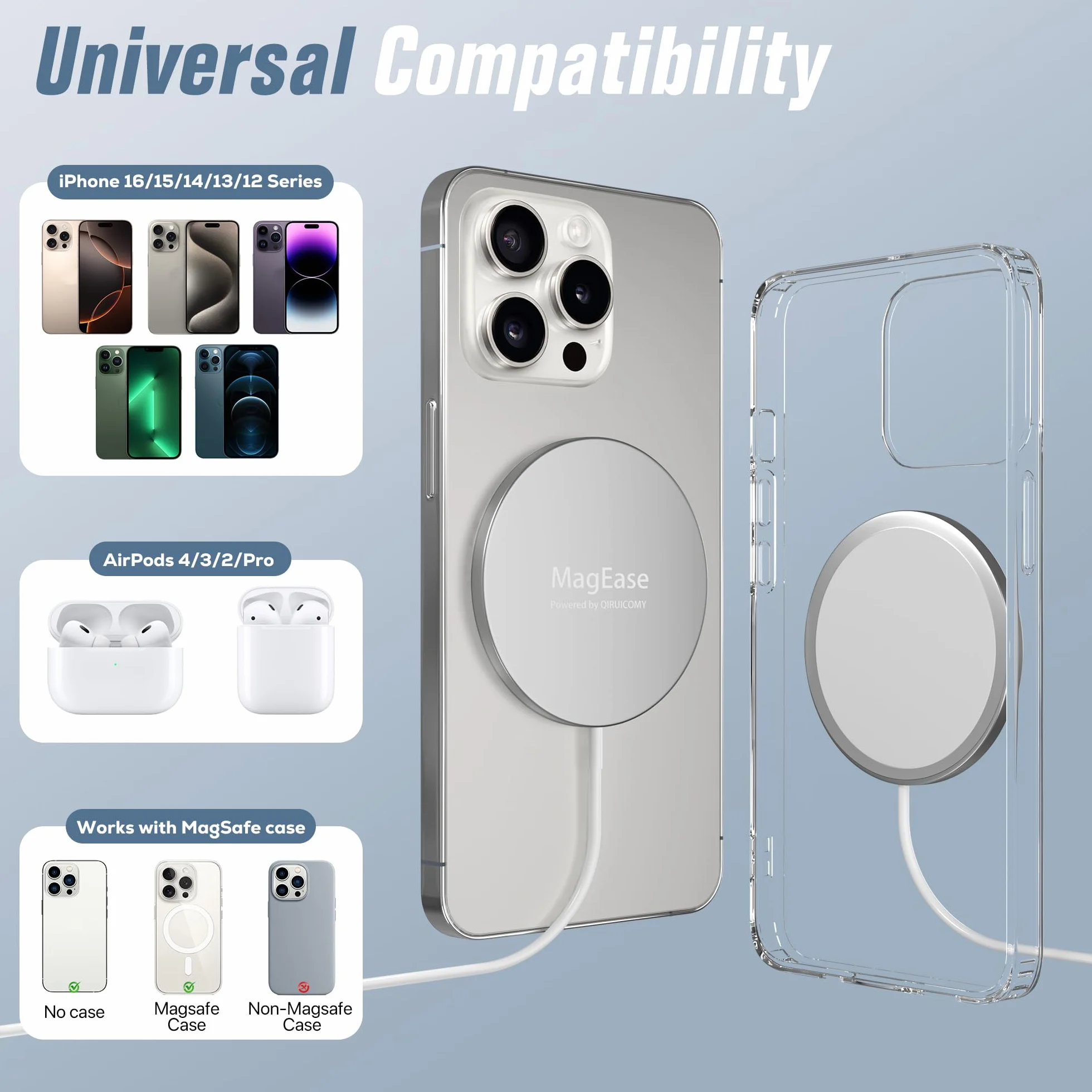 Cargador inalámbrico magnético 2 en 1, aleación de aluminio ultradelgado, compatible con iPhone 17/16/15/14/13/12 y AirPods 4/3/2/Pro, Titanio Plateado