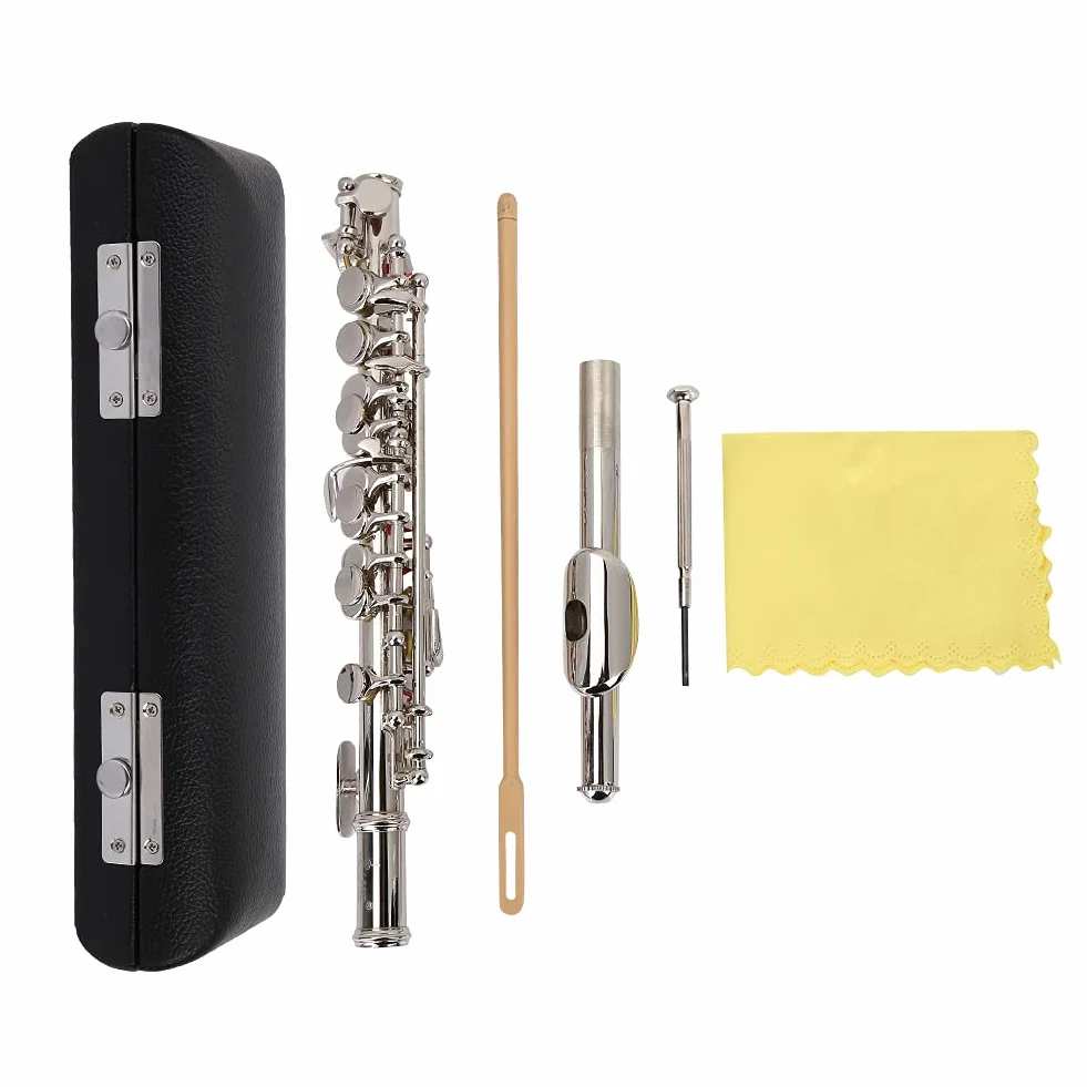 Walfront Piccolo C Desmontable Bañado en Plata con Material de Primera Calidad, Diseño Ergonómico y Varios Accesorios para Músicos en Caja de Cuero Negro (SILVER)