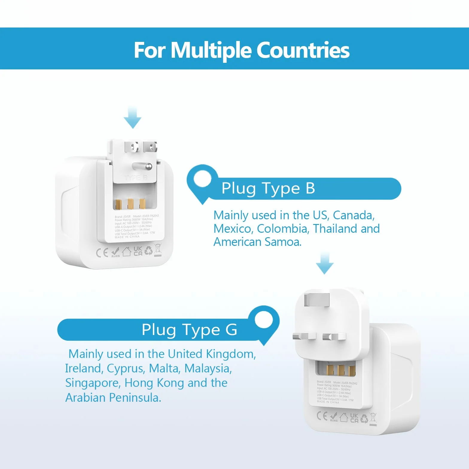 JSVER Adaptador de Enchufe Universal con 2 Enchufes Reemplazables Tipo B/G y 2 Enchufes de CA,4 Puertos USB, Cargador para España, EE. UU., Reino Unido, Canadá, México, HK (Blanco)