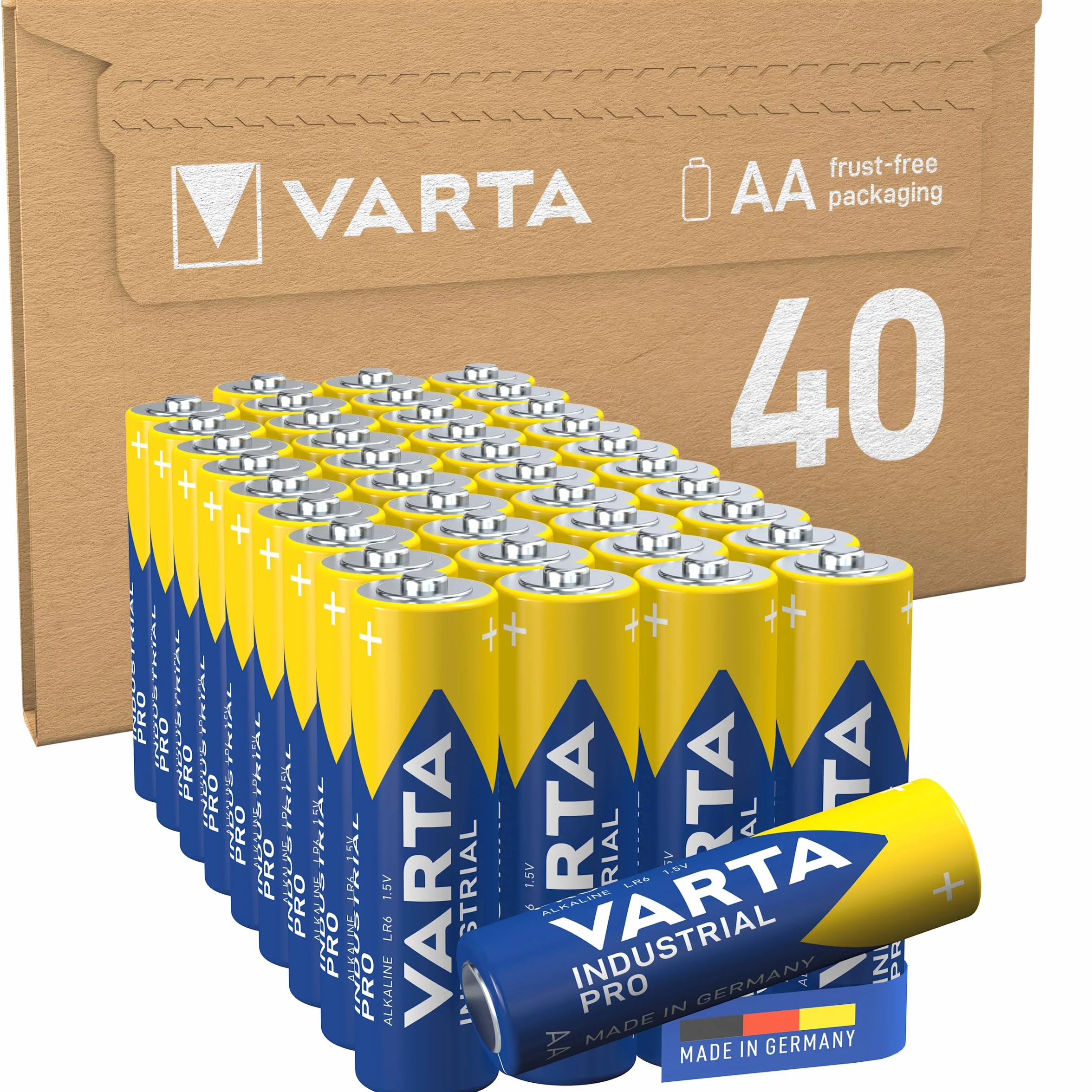 VARTA Pilas AA, paquete de 40, Industrial Pro, Baterías Alcalinas, 1,5V, paquete de almacenamiento de embalaje ecológico, Made in Germany [Exclusivo en Amazon]