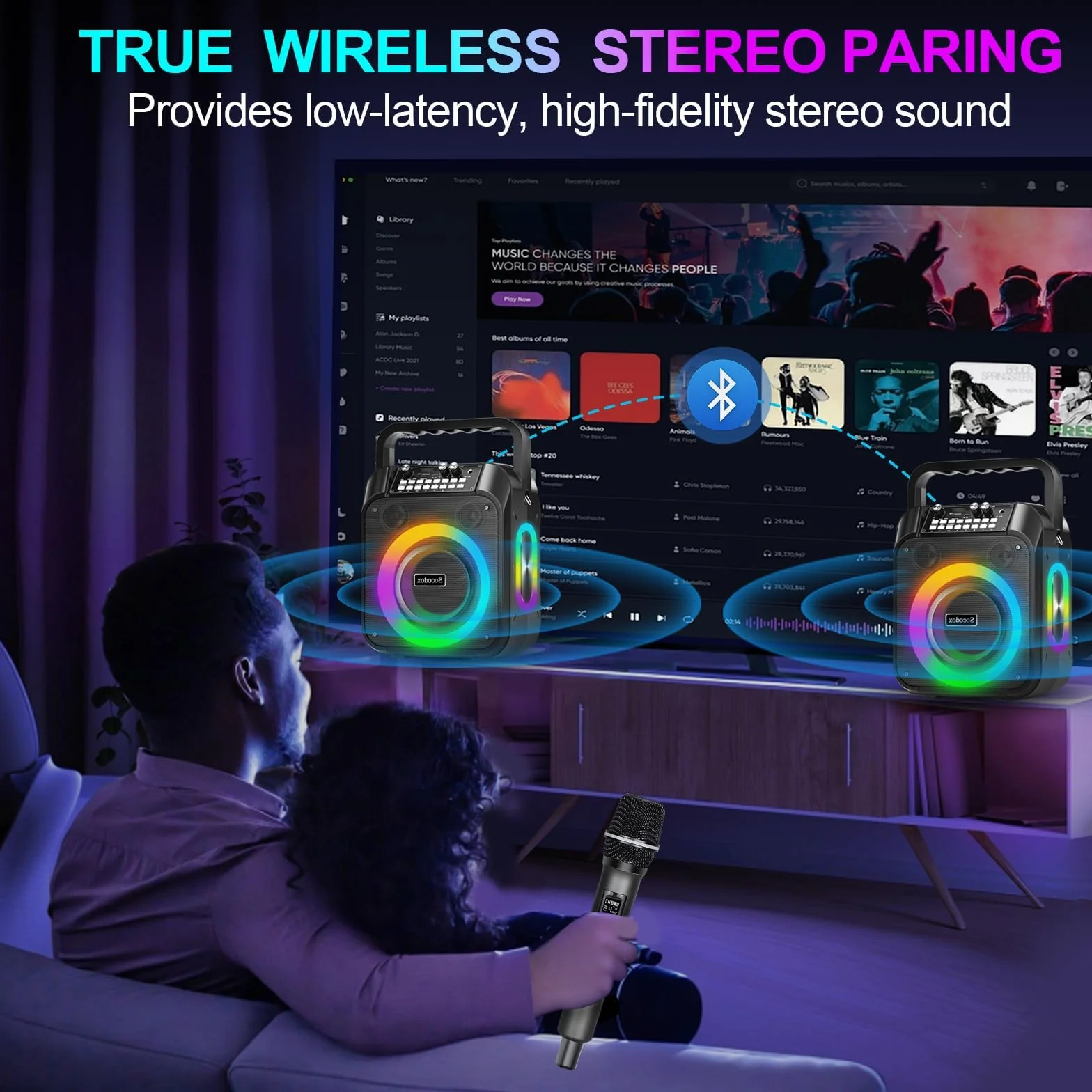 Máquina Karaoke,Altavoz Bluetooth Portátil con 2 Micrófonos Inalámbricos,Batería de 6000 mAh,Playtime 8H,Estéreo TWS,Luces RGB, Sistema Pa Dual Bass Boost para Adultos,Niños,Fiestas,Canto,DJ