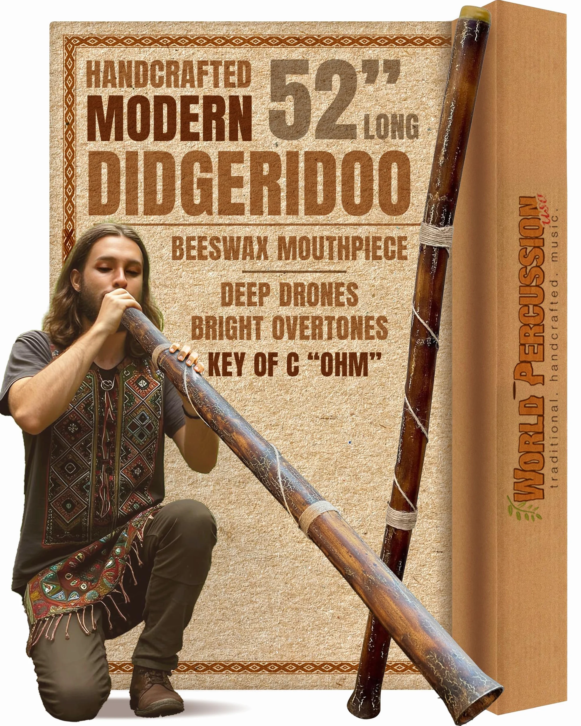 Didgeridoo moderno hecho a mano – Boquilla de cera de abeja, duradero y ligero, ideal para principiantes – Clave de Do Ohm, incluye boquilla gratuita e instrucciones de juego