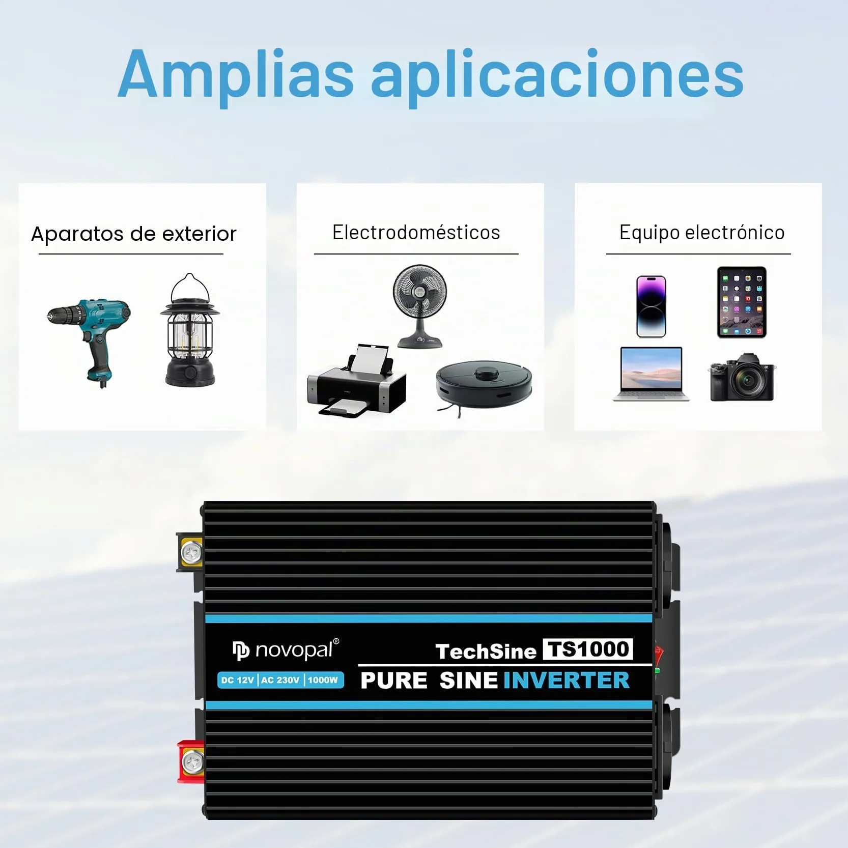 NOVOPAL 1000W Inversor de Corriente Onda Pura DC 12v a 220v 230v 5M Mando a Distancia Convertidor de Coche con 2 USB Puerto,enchufes EU para Coche/Caravana/Camión