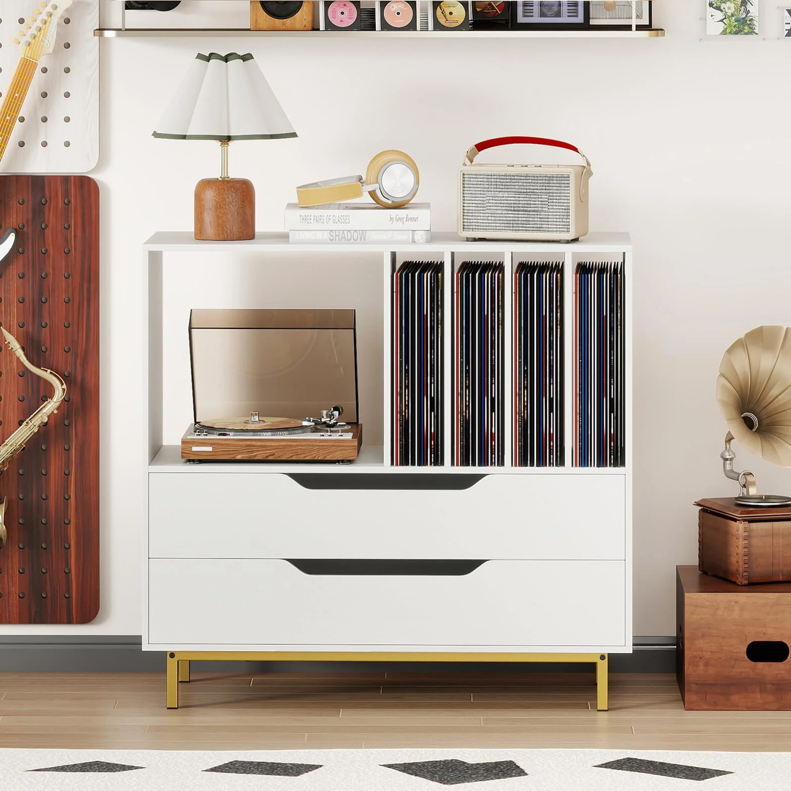 COSTWAY Mueble Tocadiscos, Soporte para Tocadiscos con Compartimento Abierto, 4 Estantes de Vinilos, 2 Cajones y Patas de Metal, Mesa Auxiliar de Discos Vinilos para Salón, 91 x 36 x 87 cm (Blanco)