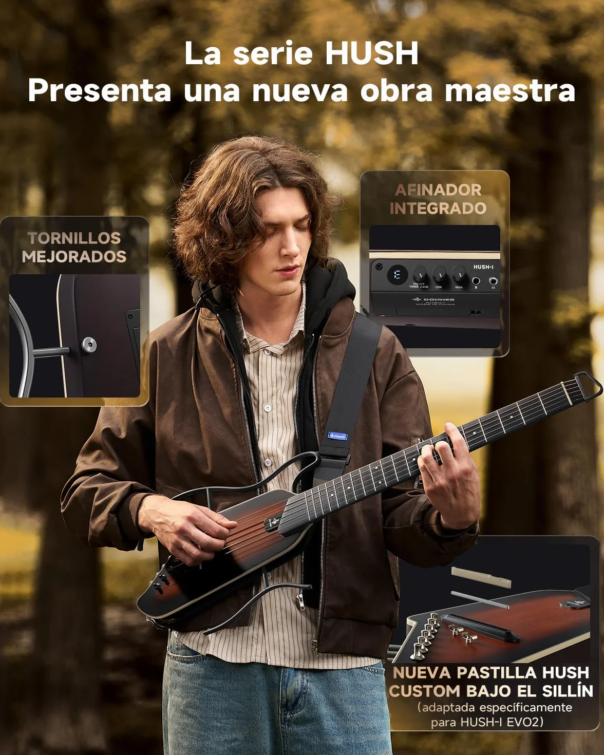 Donner HUSH I EVO2 Guitarra Acústica-Eléctrica de Viaje, Ultraligera, sin Clavijero, con Afinador Integrado, Soportes Desmontables y Salida para Auriculares – Sunburst