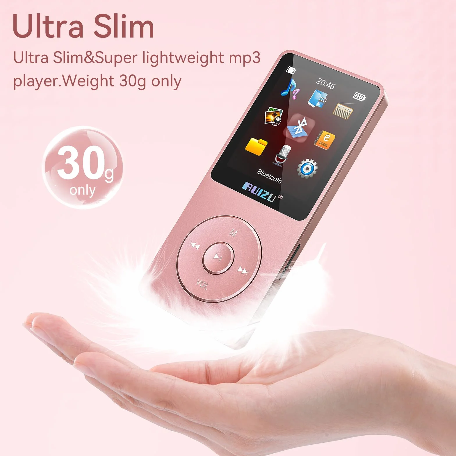 Reproductor MP3 de 32GB con Bluetooth 5.3, Ultraligero (30 Gramos), hasta 80 Horas de autonomía, Pantalla de 1,8 Pulgadas, Ideal para Deportistas, niños y Adultos, admite Tarjetas TF de hasta 128 GB
