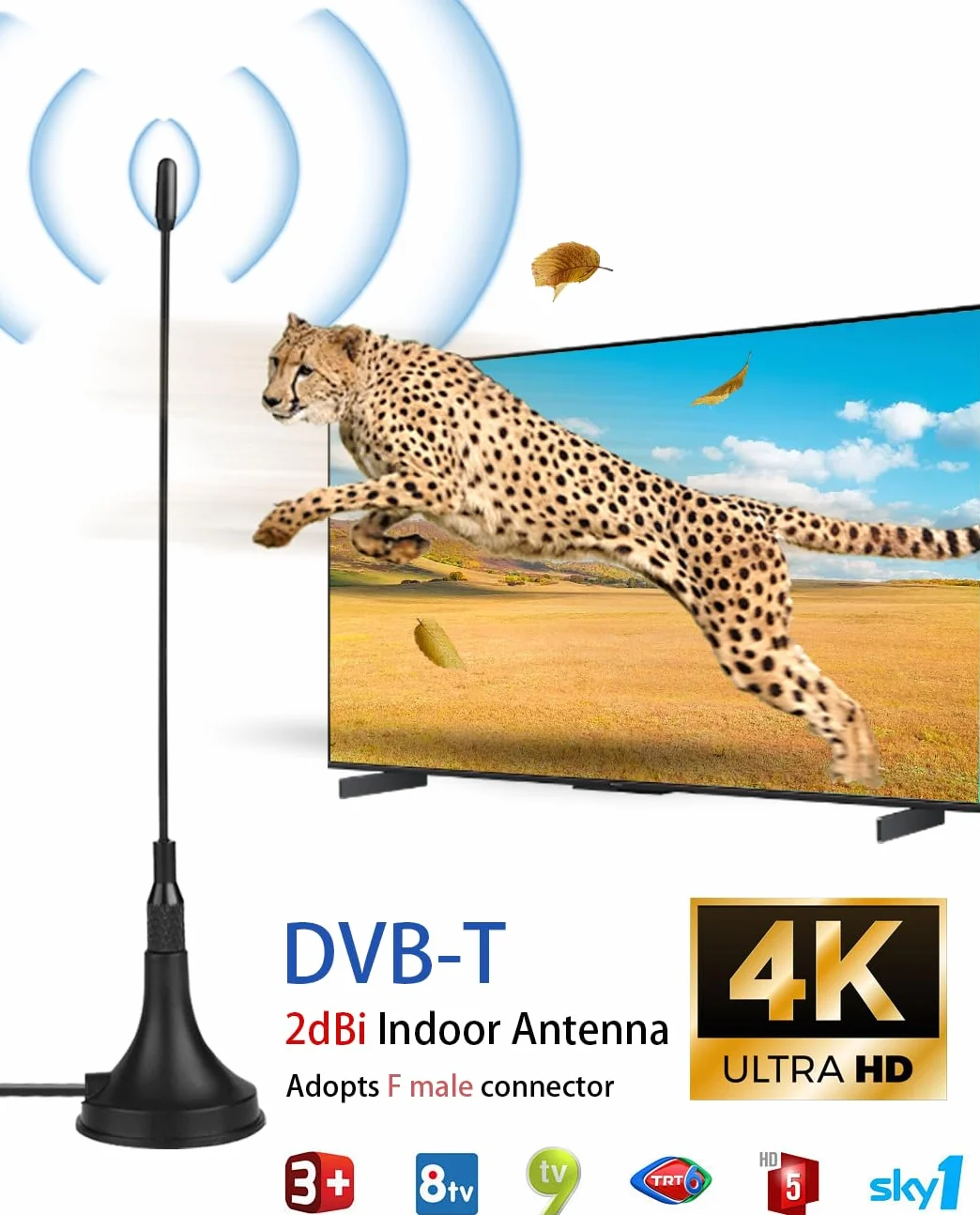 Vecys Antena de TV Digital DVB-T de 2 dBi Mini con Base Magnética y Dos Varillas de Repuesto Antena Interior de 50 Millas Cable Coaxial RG174 de 9.84ft para Dispositivos DVB-T