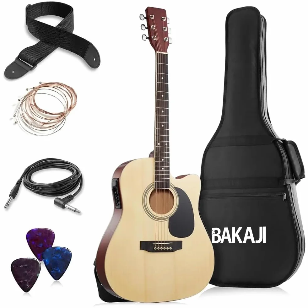 BAKAJI Guitarra electroacústica de 41 pulgadas con funda, kit de repuesto de cuerdas, púas, cable para amplificador y correa, guitarra folk con forma de cutaway para adultos y principiantes (natural)