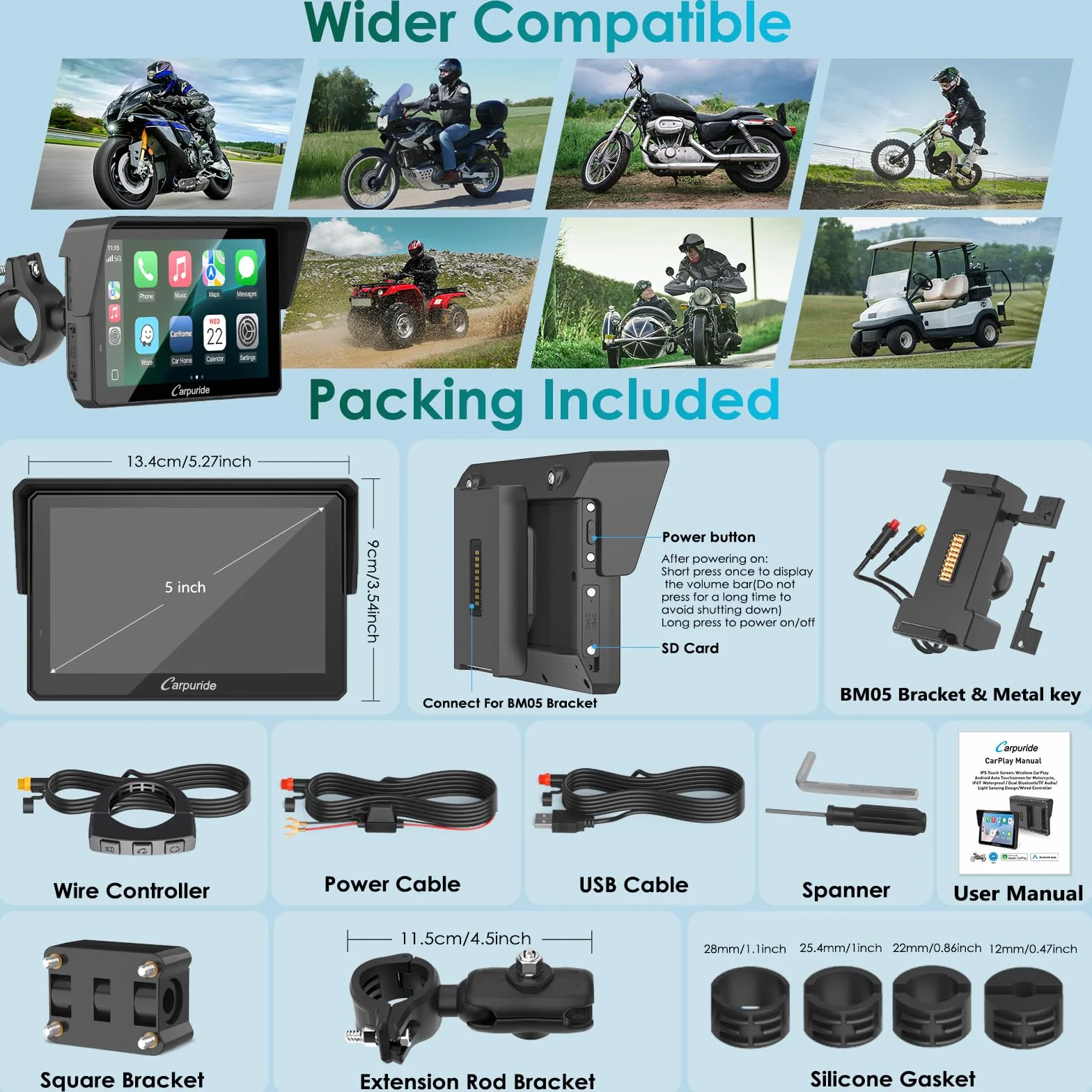 Carpuride W502S Pro GPS Inalámbrico para Motocicleta con Carplay Android Auto Pantalla Táctil Impermeable 5" Soporte BM05 Bluetooth