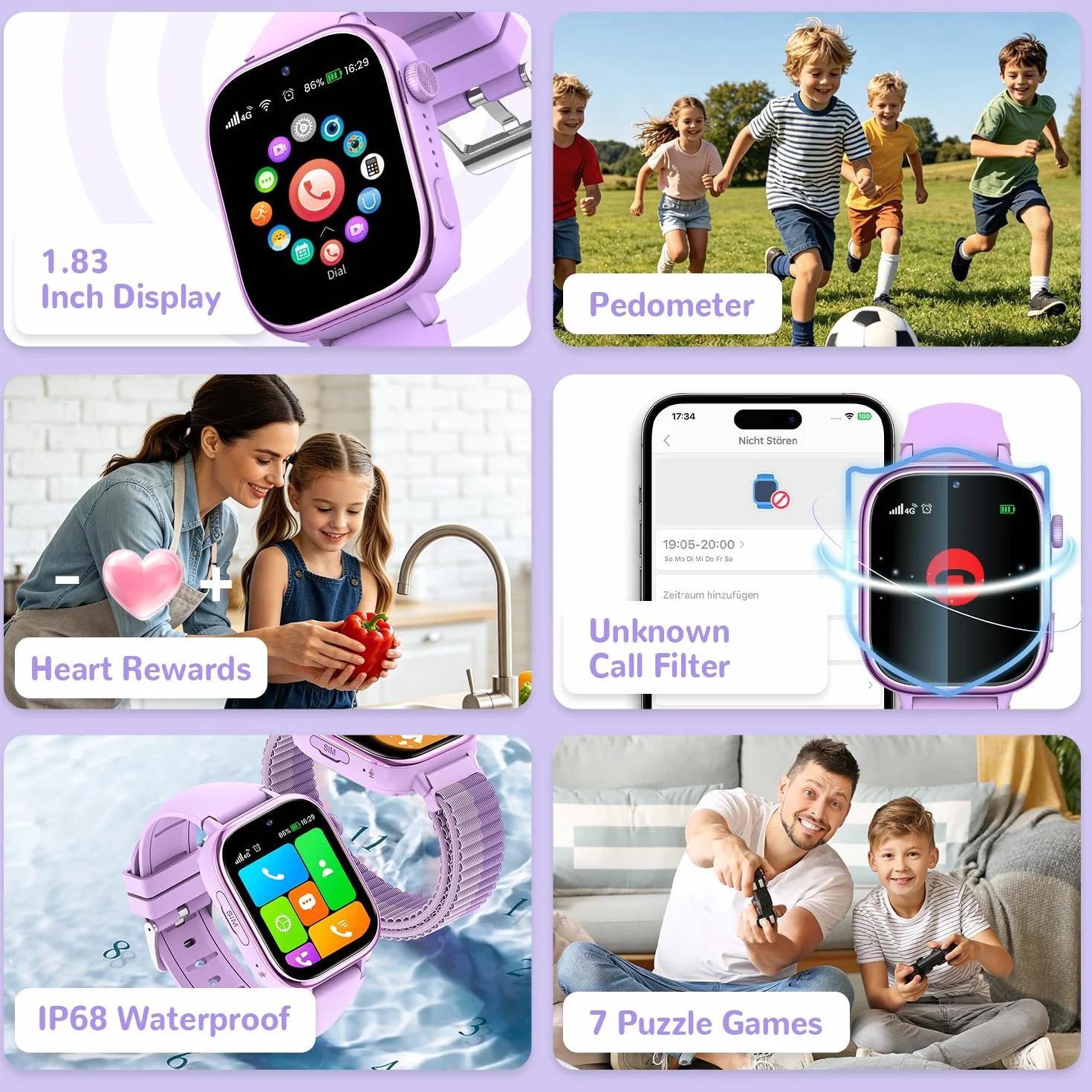 4G Reloj Inteligente Niños con GPS y Videollamada, Smartwatch Niños con Llamadas, Chat de Voz, SOS, Modo Escuela, IP68 Impermeable, Podómetro, Despertador, Cámara, Regalo Niñas y Niños de 4-15 Púrpura
