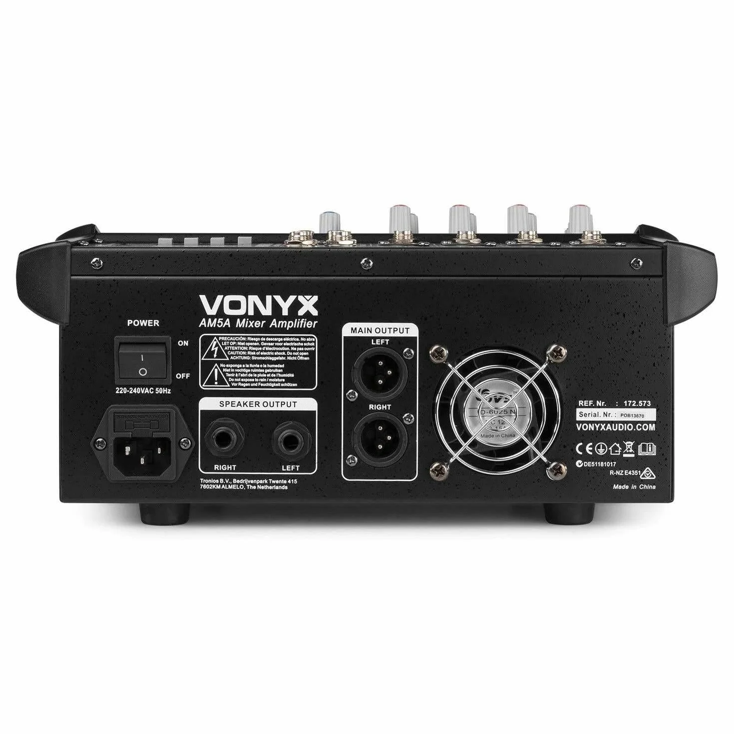 VONYX AM5A Mezclador de 5 canales con amplificador incorporado,DSPde efectos, Bluetooth para transmitir audio inalámbricamente, puerto SD y USB para MP3, amplificador interno de 500W x 2 a 8 ohmios