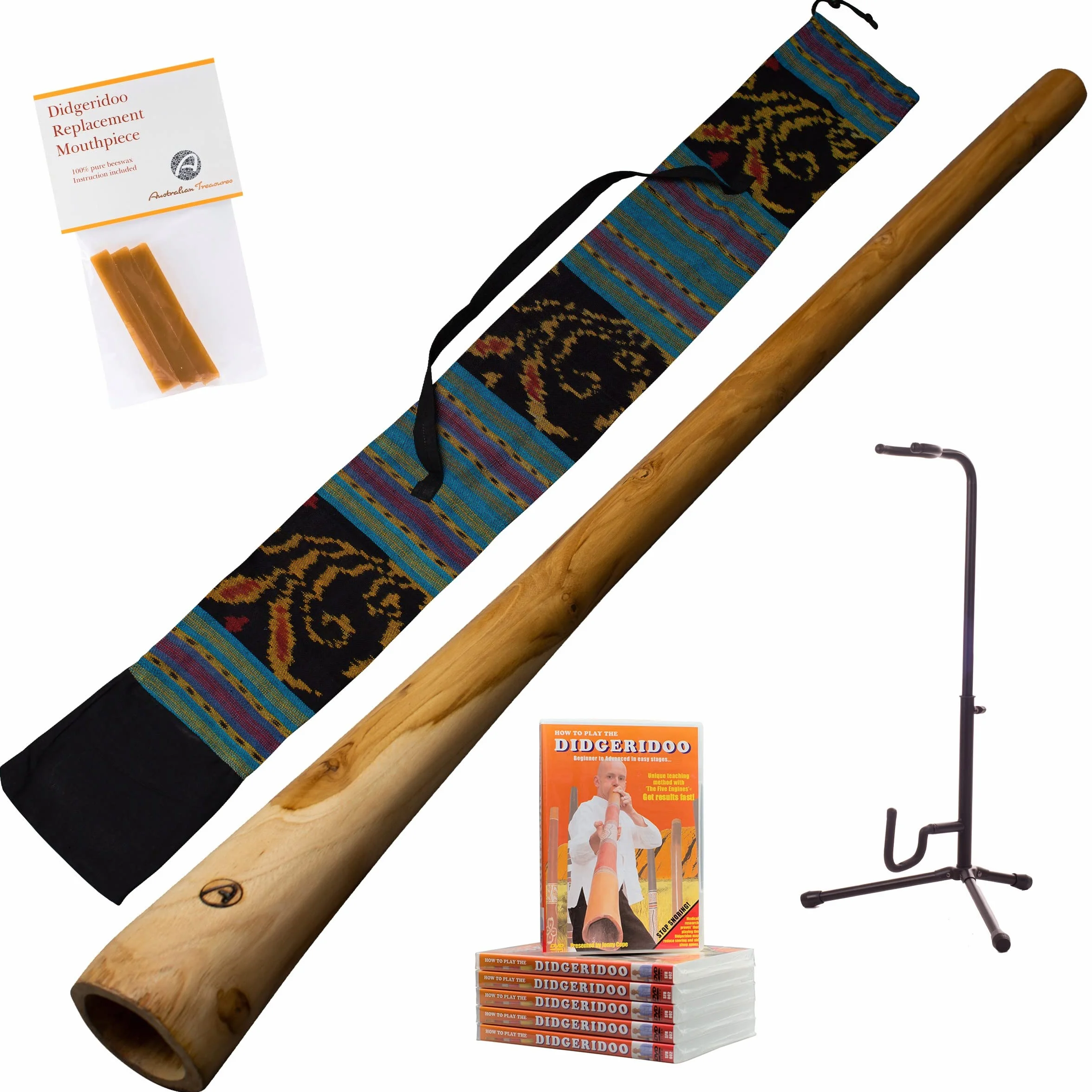 PAQUETE DIDGERIDOO: Didgeridoo 120cm - bolsa de didgeridoo - cera de abeja - video de la lección - soporte de didgeridoo