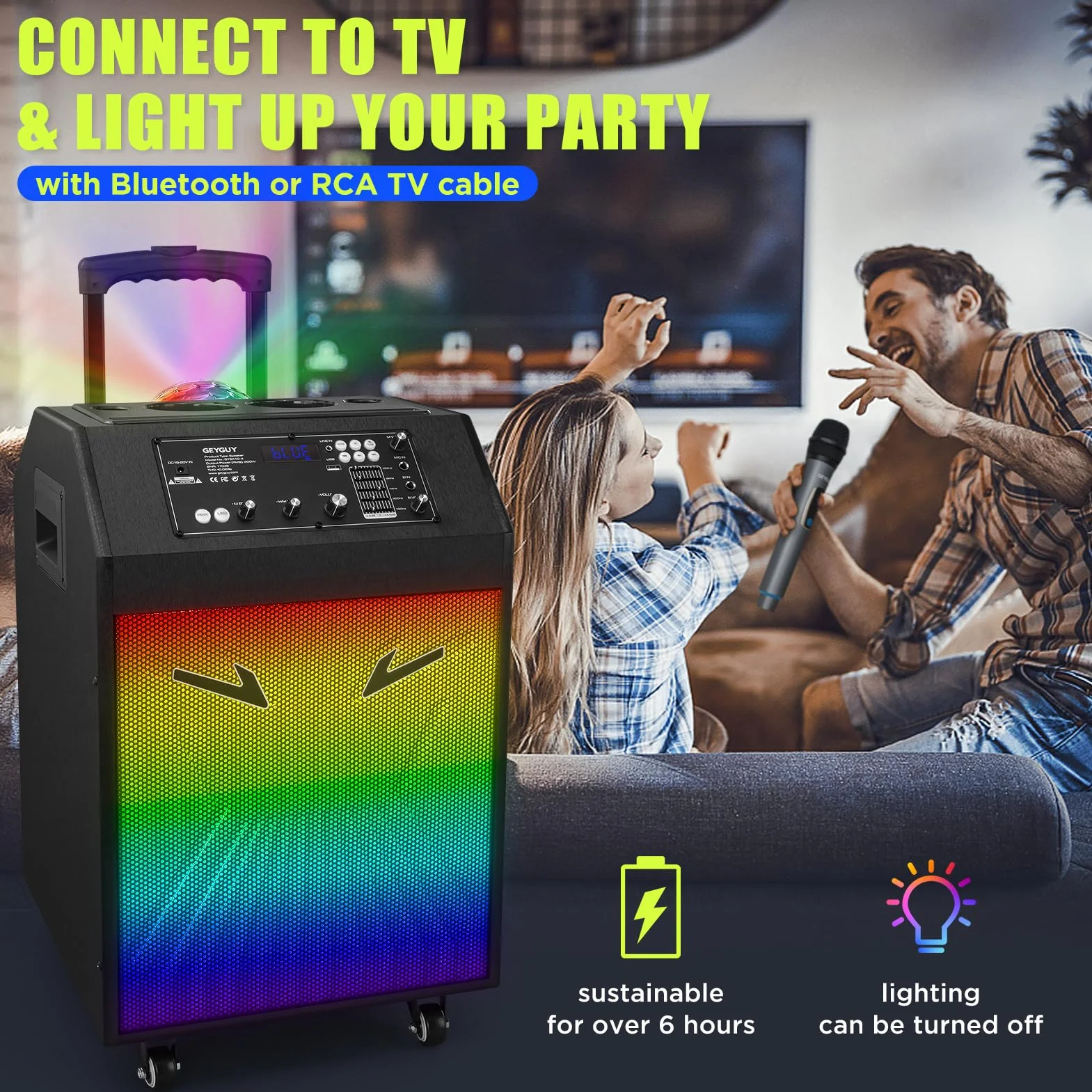 Máquina de Karaoke Portátil, Altavoz Karaoke con 2 Micrófonos, Altavoz Bluetooth, Soporte para Tableta, Luces de Discoteca, Control Remoto, diseño Exclusivo, Ruedas GTSK10-4