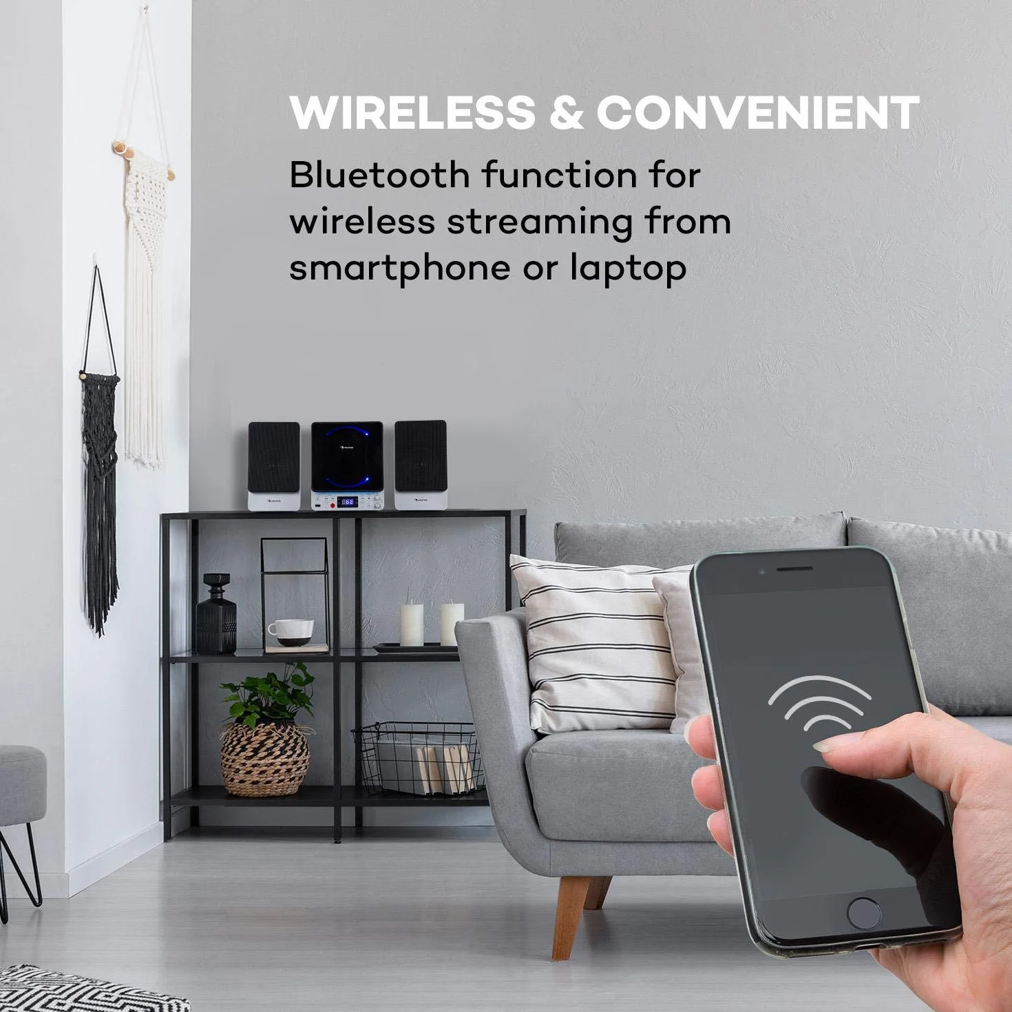 auna Microstar – Minicadena de música Vertical, Reproductor de CD, Bluetooth, Altavoces estéreo, USB, Pantalla LCD, iluminación LED, Vertical o en Pared, Entrada AUX/Salida de vídeo, Plateado