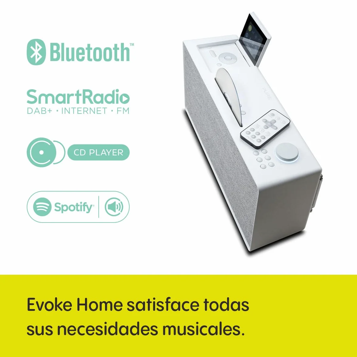Sistema de música Pure Evoke Home All-In-One para el hogar (Radio Dab+/UKW, Radio por Internet, Podcasts, Spotify Connect, Bluetooth, CD y un Potente Sonido estéreo de 100 vatios), Blanco algodón