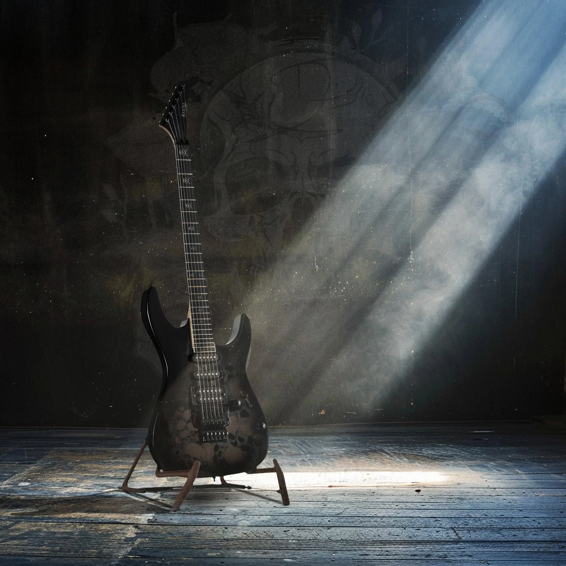 Rocktile Pro JK150-BSK Guitarra eléctrica 6 cuerdas ST-style, HSS, tremolo FR, 24 trastes jumbo, cuerpo tilo, mástil arce, accesorios incluidos. Negro con diseño Skull.