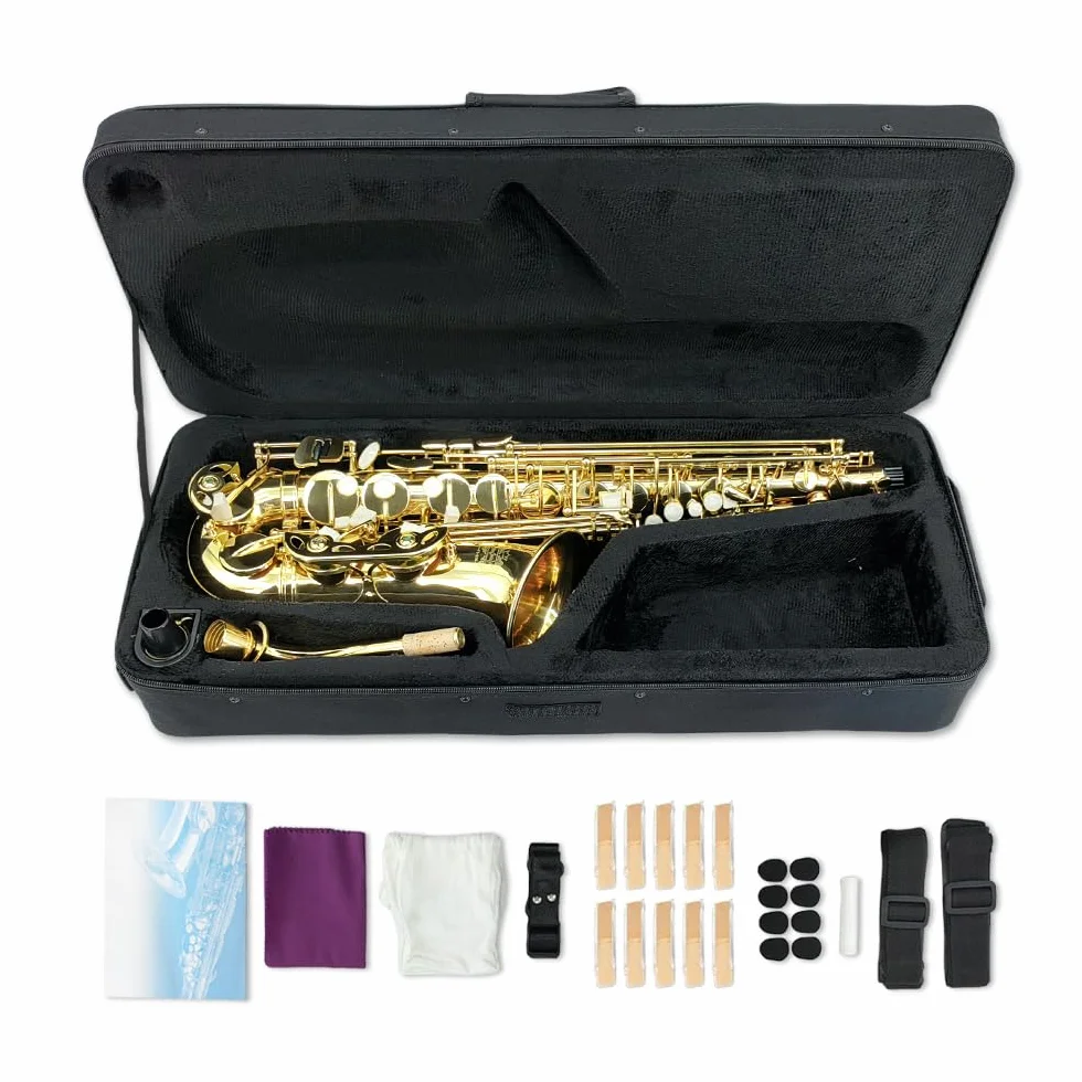 Kit completo de saxofón alto E Flat para adultos, saxofón alto, con funda de transporte, correas para boquilla, lengüetas, saxofón, kit para principiantes