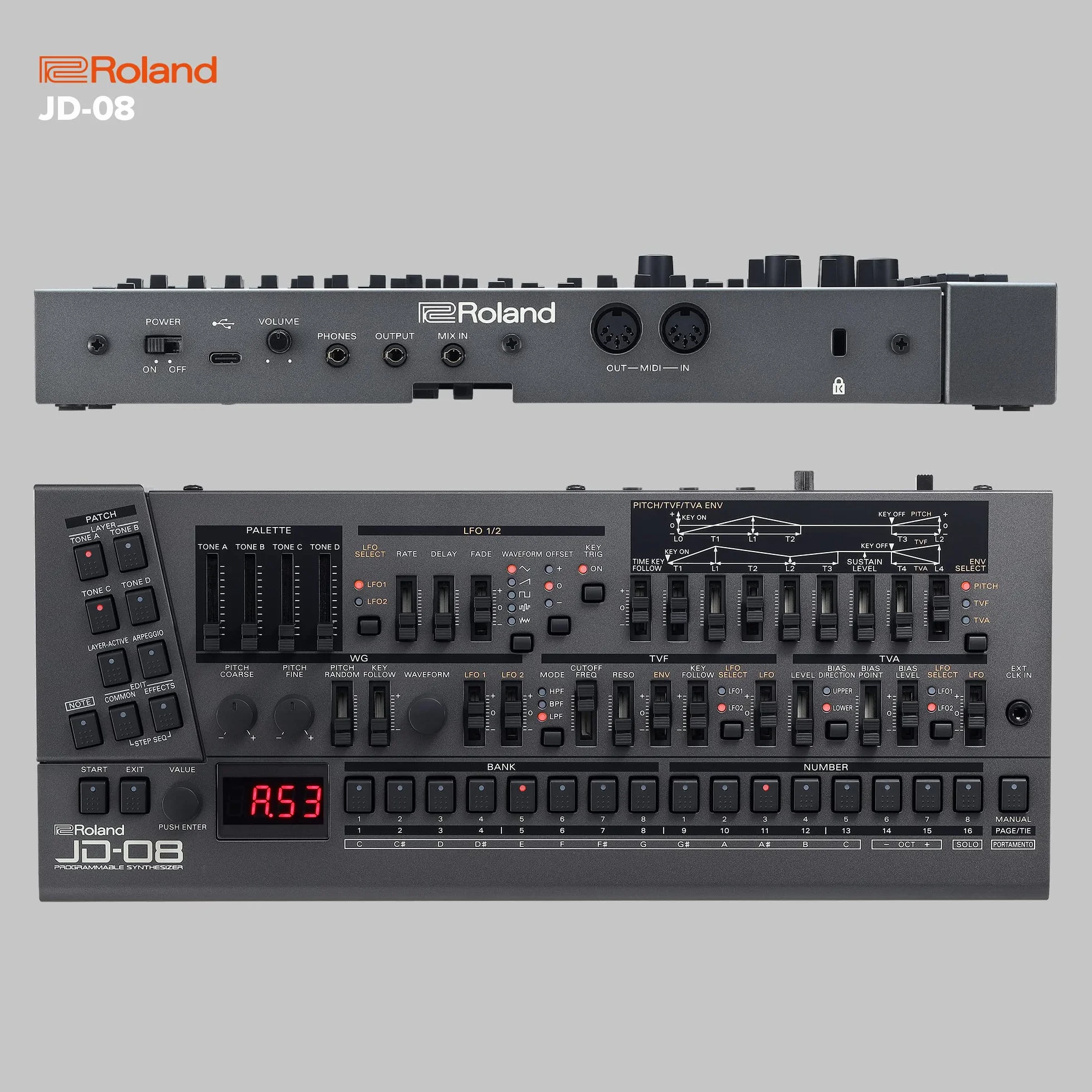 Sintetizador Boutique y módulo de sonido Roland JD-08 – Reedición moderna y compacta del mítico Roland JD-800 de los 90 con nuevos efectos, secuenciador polifónico y más – Ligero, portátil