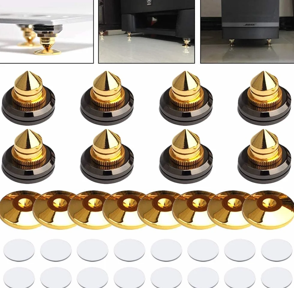 8 pzas de oro para altavoces, soportes para parlantes, giradiscos de latón macizo con base de latón para subwoofer, amplificador de audio y CD
