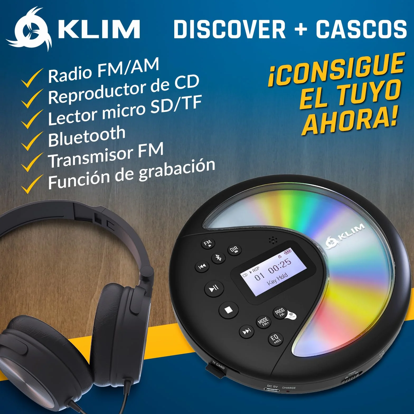 KLIM Discover con Auriculares - Reproductor de CD Portátil - Discman con batería de Larga duración - Radio FM Portátil Compatible MP3, SD Card, Bluetooth - Ideal para Coches