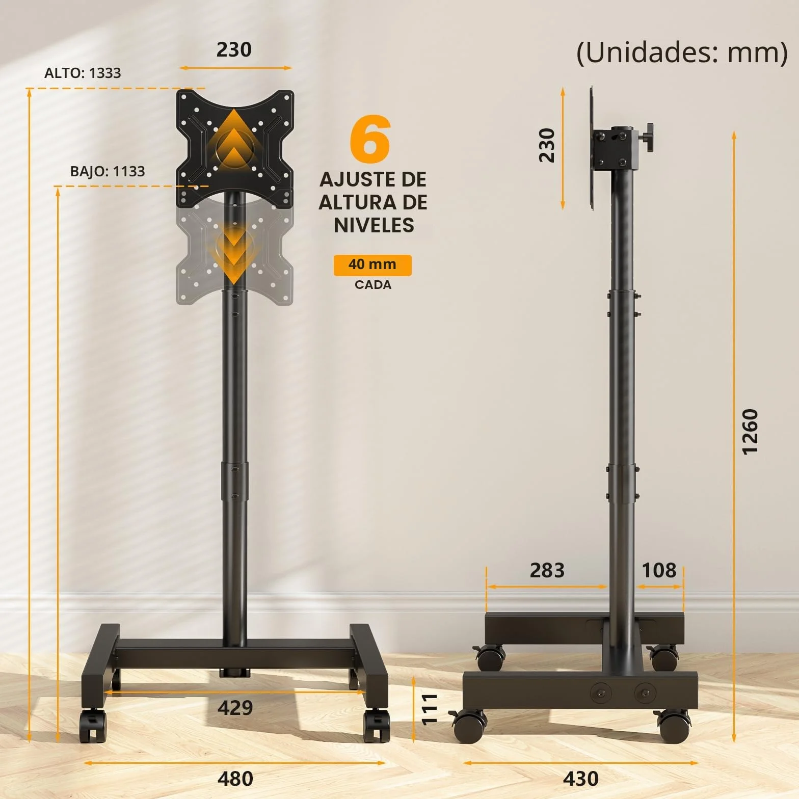 TVON Soporte TV con Ruedas para Television de 13-50 Pulgadas de Plasma/LCD/LED, Altura Ajustable Soporte TV Suelo Inclinación Carrito TV con Ruedas de hasta 20 kg, Máx VESA 200x200 mm, Negro