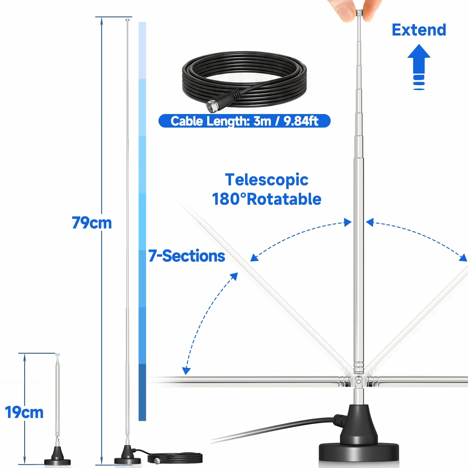 Bingfu Antena Dab FM Radio Telescópica Digital para Interiores Base Magnética Cable 3M para 75 Ohm Hogar AV Audio Video Receptor
