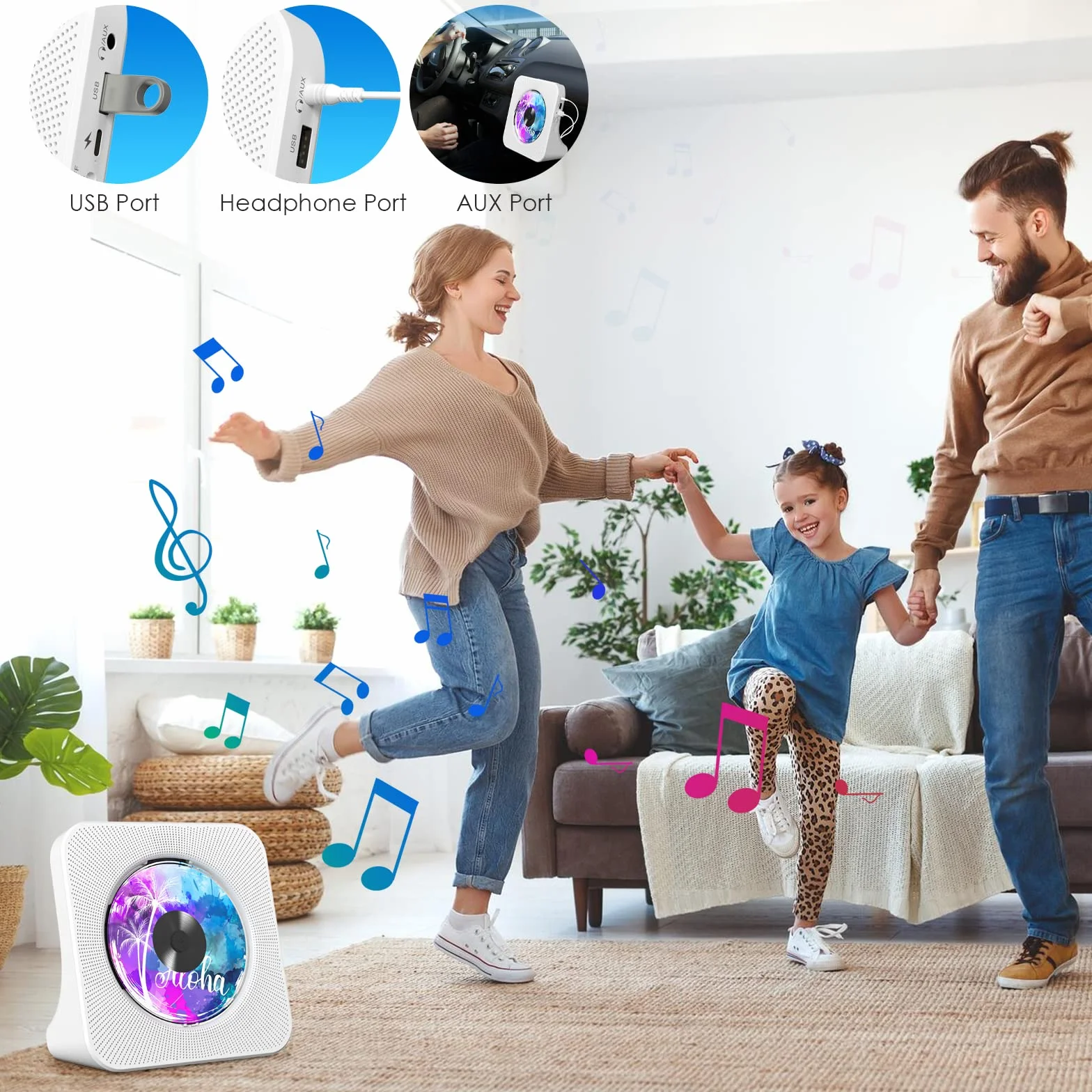 Gueray Reproductor de CD Portátil Bluetooth Montaje en Pared Altavoces HiFi Dobles Radio FM (Blanco)