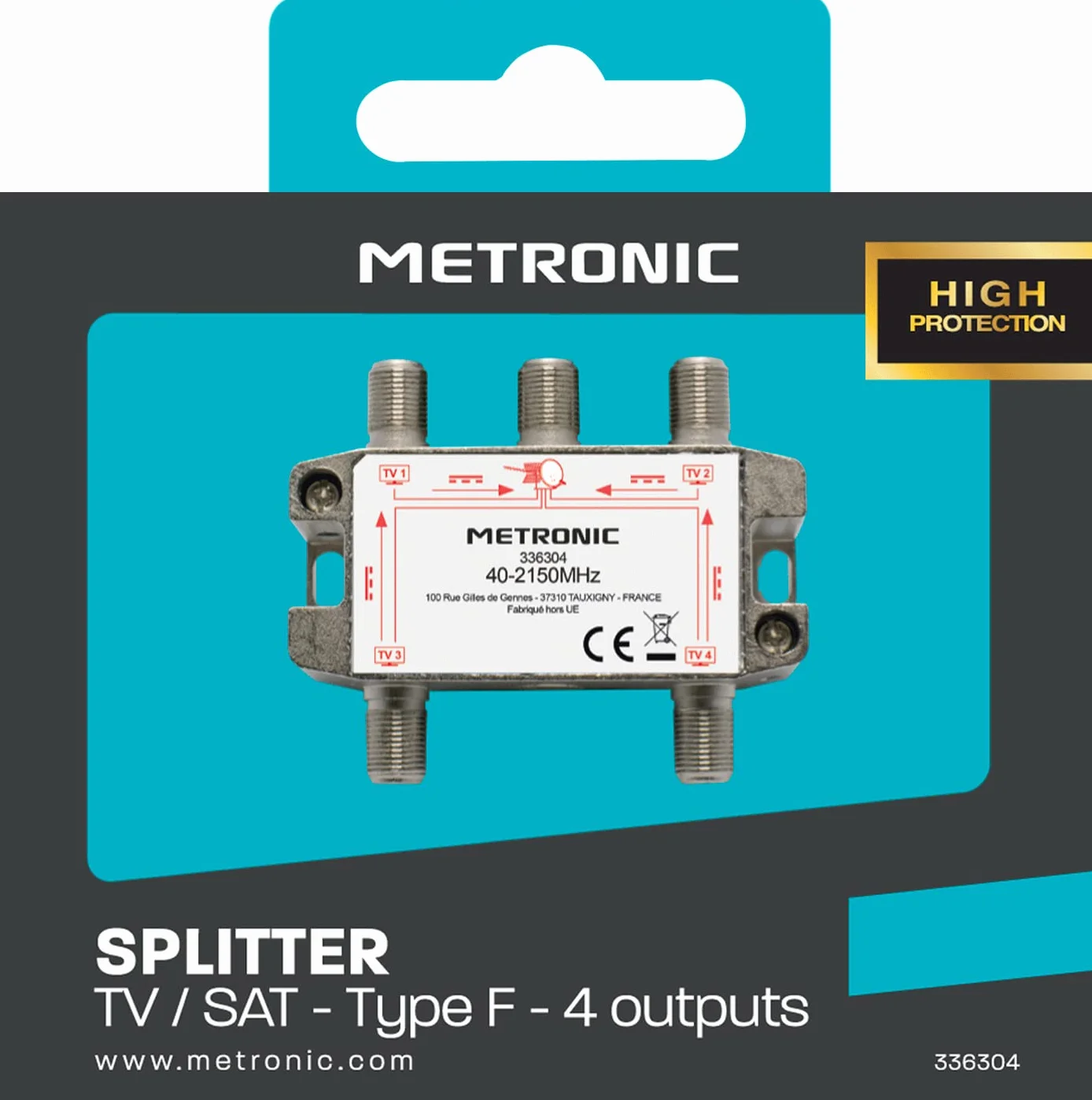 Metronic 336304 - Distribuidor de TV, Divisor coaxial, DVB-T2 y satélite, Divisor Antena TV, blindado, metálico 1 Entrada - 4 Salidas F