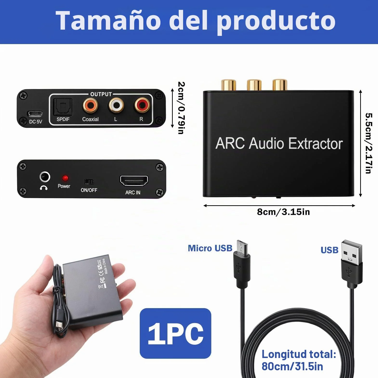 Extractor Audio HDMI ARC DAC 192kHz Óptico Toslink Coaxial a RCA L/R 3.5mm Jack
