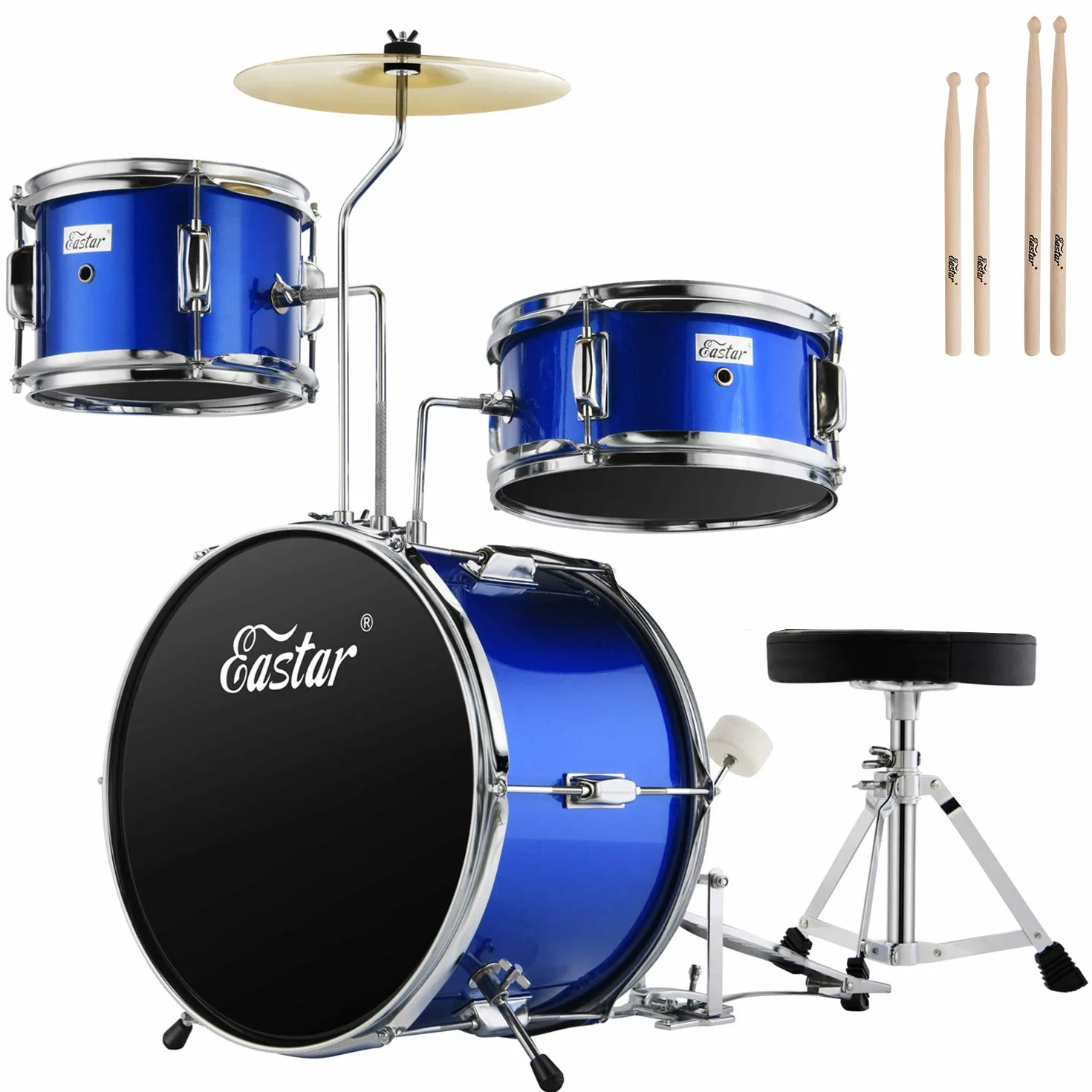 Eastar Batería Junior de 3 Piezas 14 Pulgadas, Juego de Batería para Niños con Trono, Platillo, Pedal y Baquetas, Azul EDS-180Bu