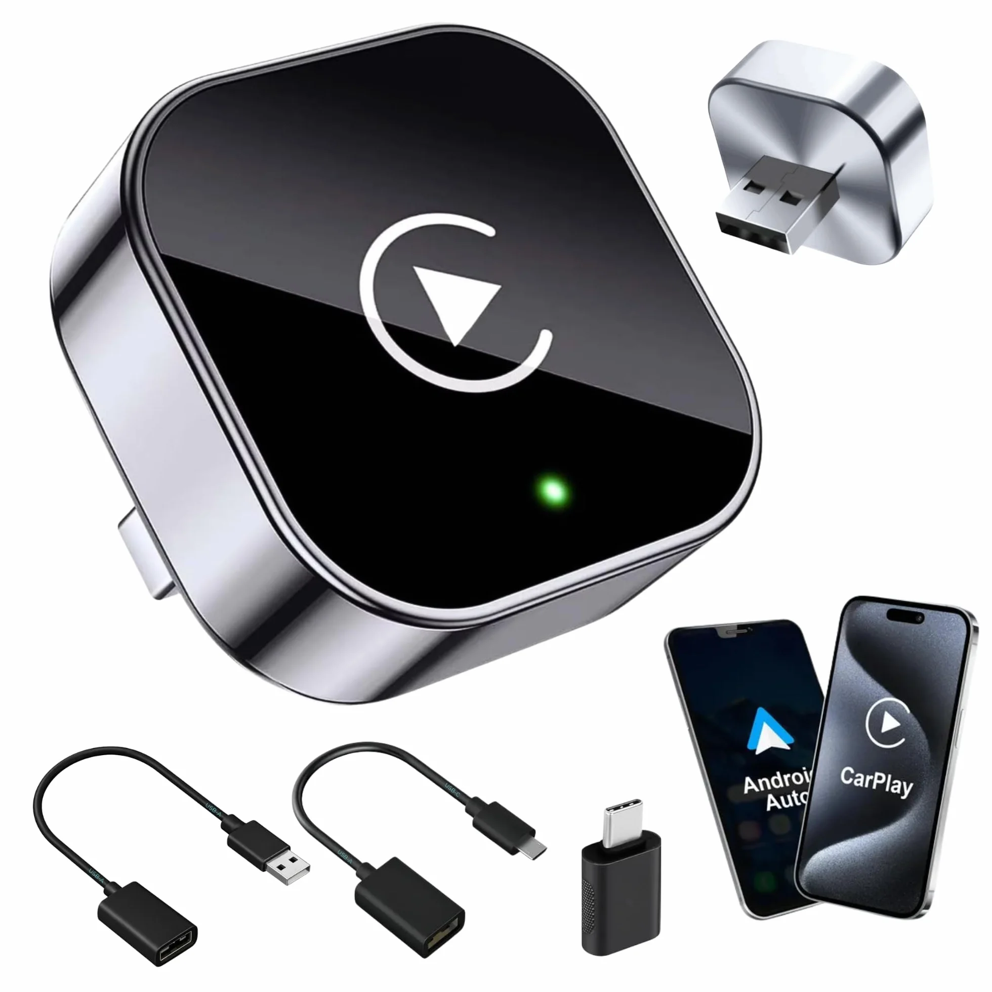 Adaptador CarPlay Inalámbrico y Android Auto Inalámbrico 2 en 1 Mini Versión 2026, Dongle USB-A/USB-C Plug & Play para Coches con CarPlay o Android Auto por Cable