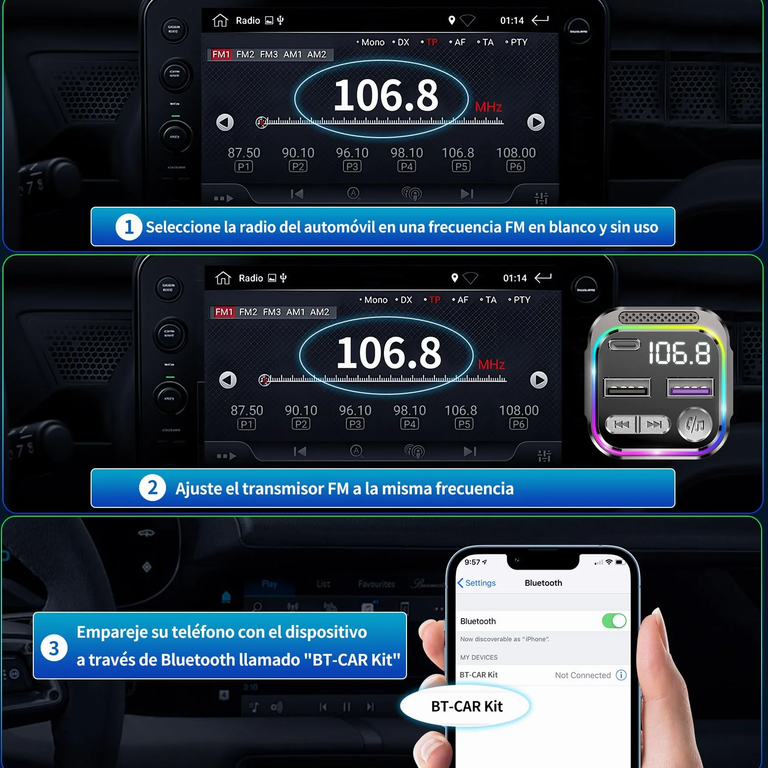GizmoVine Transmisor FM Bluetooth Coche 36W QC PD Adaptador Mechero USB Manos Libres