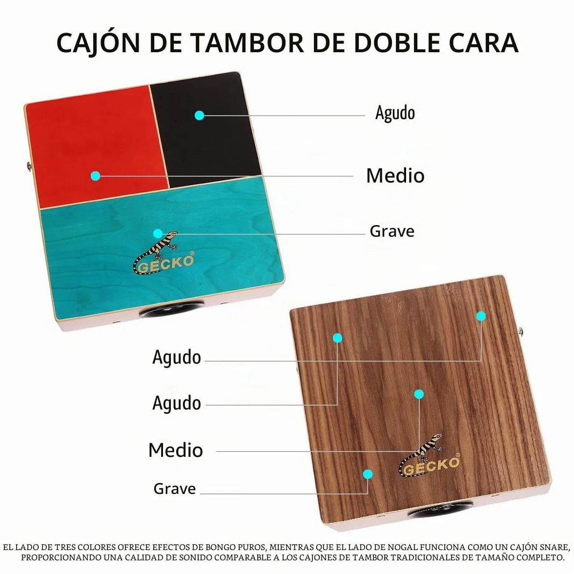 GECKO Cajón de tambor de doble cara de madera con sonidos de bongo y cuerdas de guitarra, percusión manual portátil para principiantes y bateristas profesionales, de abedul y nogal, incluye bolsa de