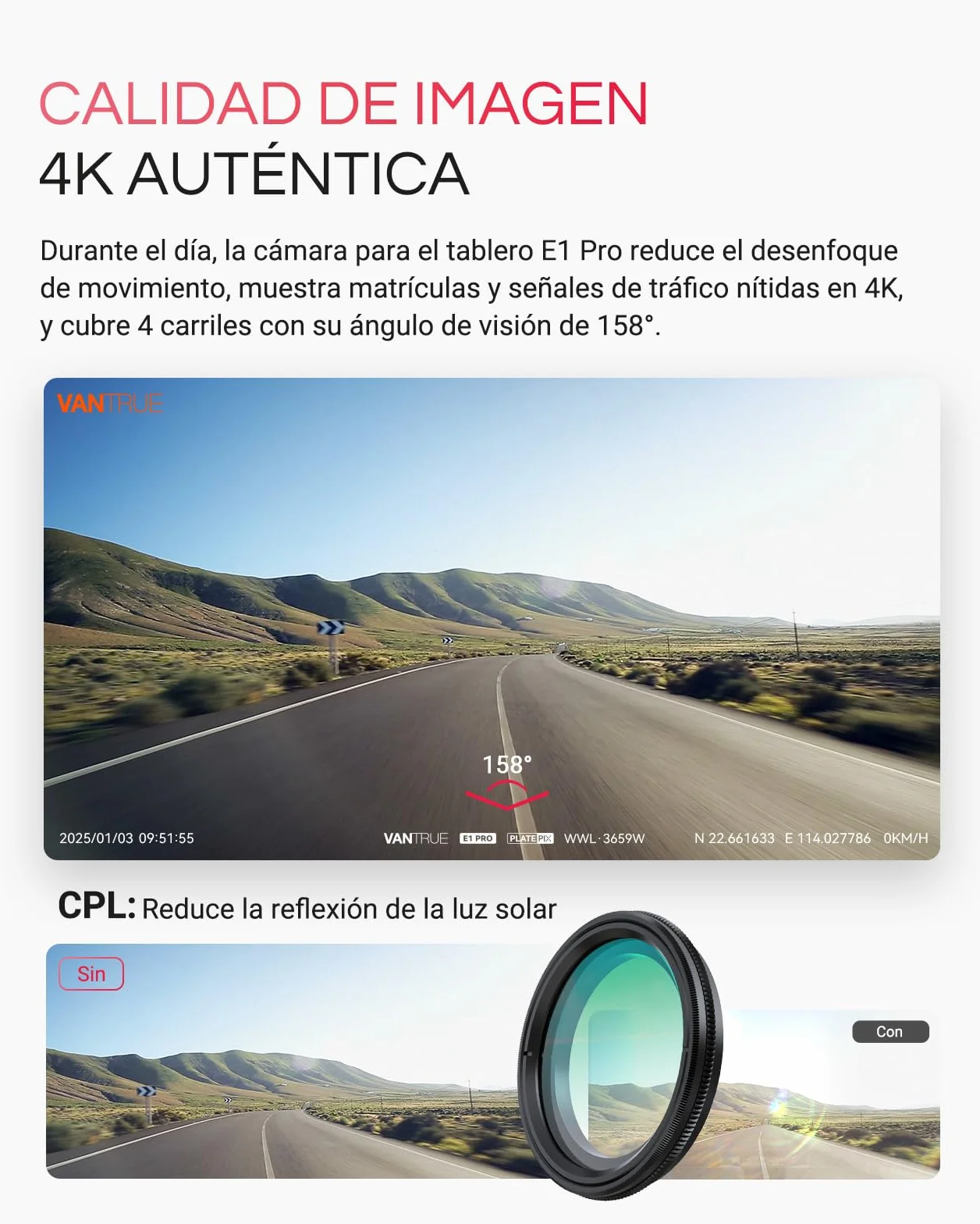 VANTRUE E1 Pro 4K Mini cámara de salpicadero Frontal, STARVIS 2 Plate Pix™ HDR, GPS WiFi 5G Integrado, Control de Voz, Modo de estacionamiento con búfer 24/7, Compatible con 1 TB máx.