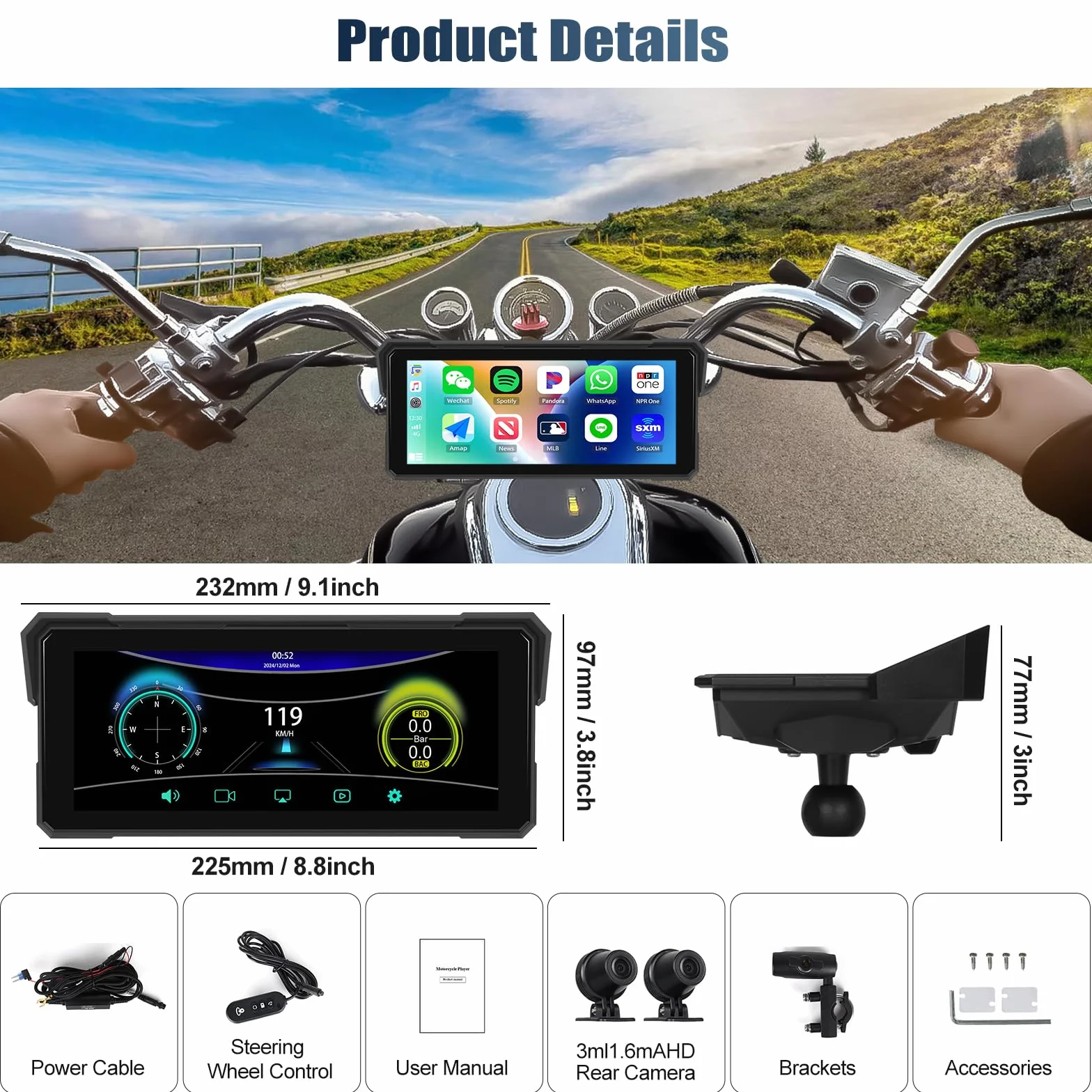 CAMECHO Motorrad CarPlay mit Dual-Kameras, 8.1 zoll HD Touchscreen für Moto mit Wireless CarPlay & Android Auto IPS 68 Bildschirm, Unterstützung Bluetooth, GPS, EQ, Helligkeitseinstellung